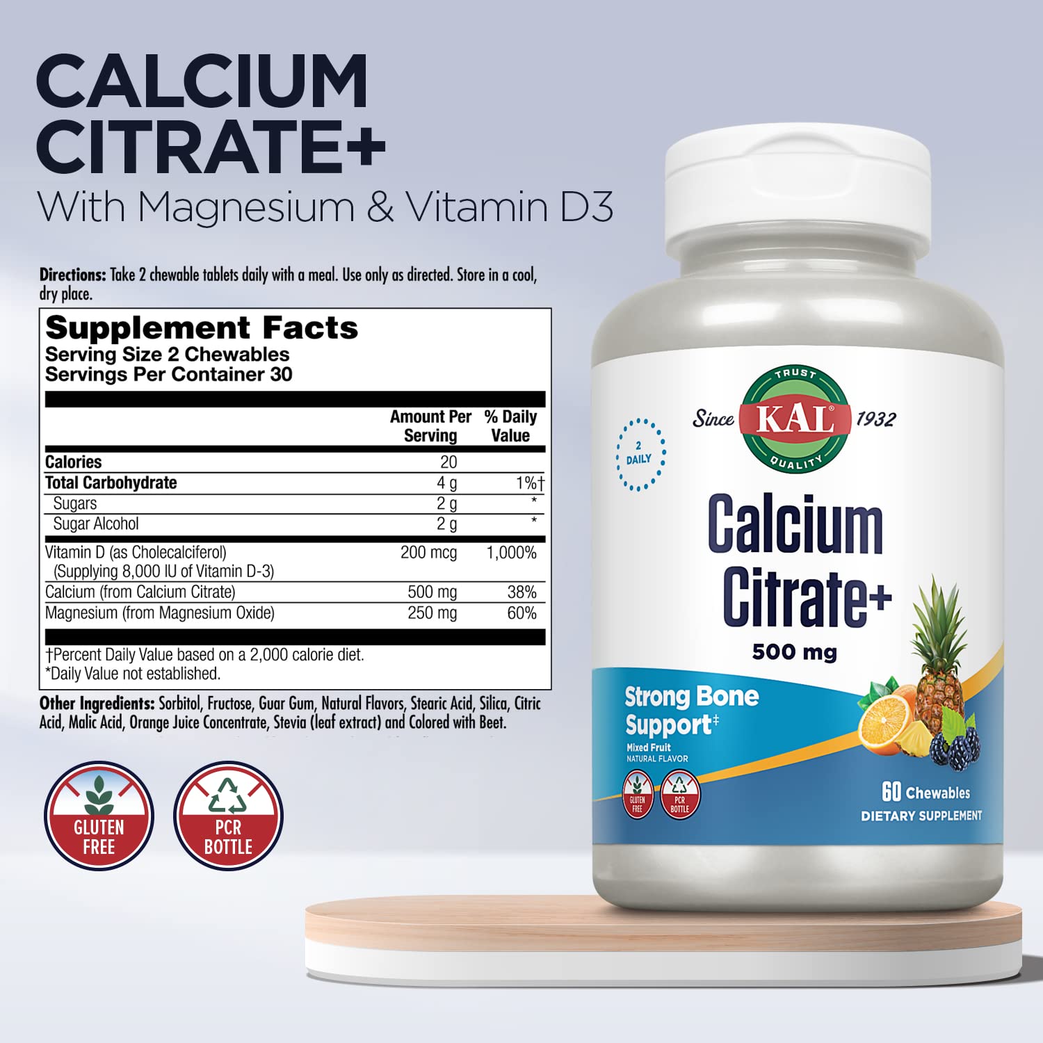 KAL Calcium Citrate Chewable Tablets - Mixed Fruit Flavor - 60 Count - Supports Bone Health & Teeth Strength - Perfect for Active Lifestyles & Daily Nutrition