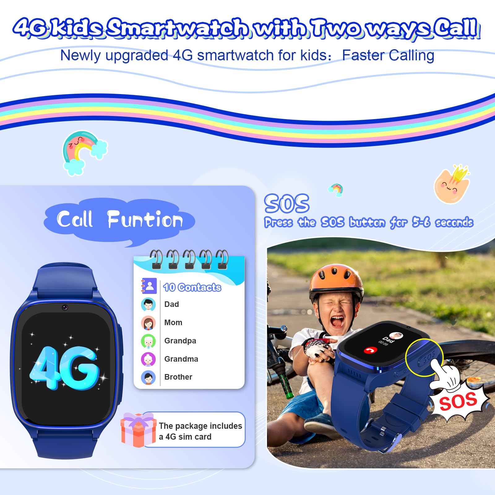 4G Kids Smart Watch with SIM Card - GPS Tracker, Camera, Music, Games & Learning Apps for Boys & Girls Ages 4-12 | Waterproof Smartwatch Phone with Calculator & Alarm | Perfect Birthday Gift (Dark Blue) - Ideal for School, Outdoor Play & Parental Monitoring