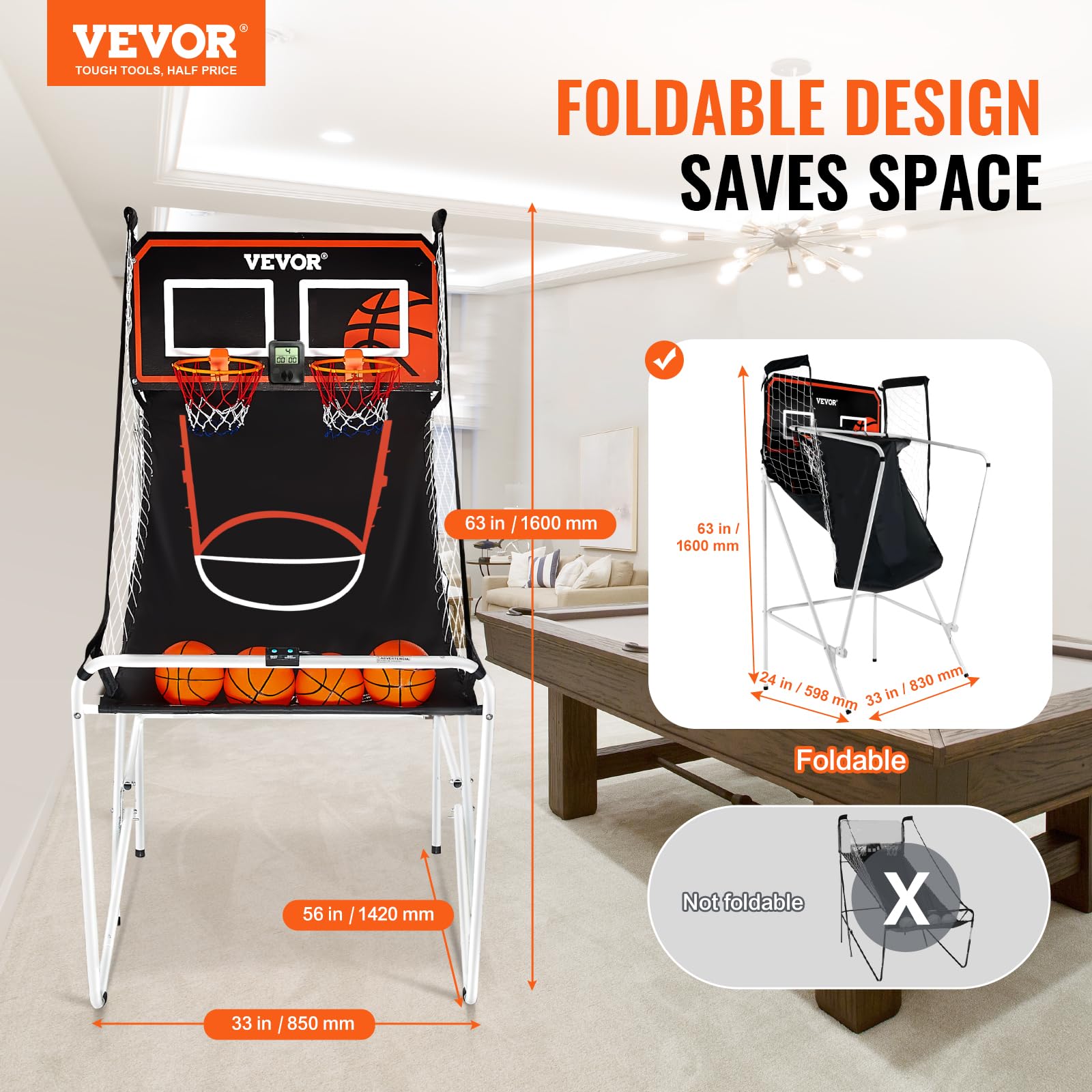 VEVOR 2 Player Indoor Basketball Arcade Game - Home Dual Pop-A-Shot with 8 Game Modes, Electronic Scoreboard & Air Pump - Fun Sports Game for Kids & Adults - Perfect for Family Game Rooms, Basement Entertainment & Birthday Parties