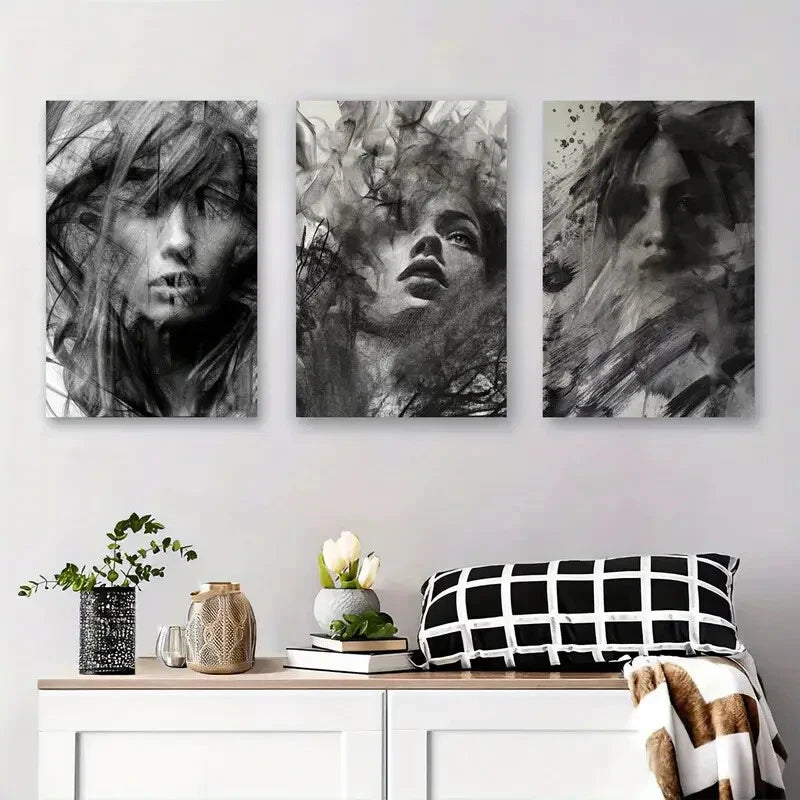 3-Piece Abstract Black and White Female Metal Wall Art Prints - Ready to Hang Modern Home Decor for Living Room, Bedroom & Office