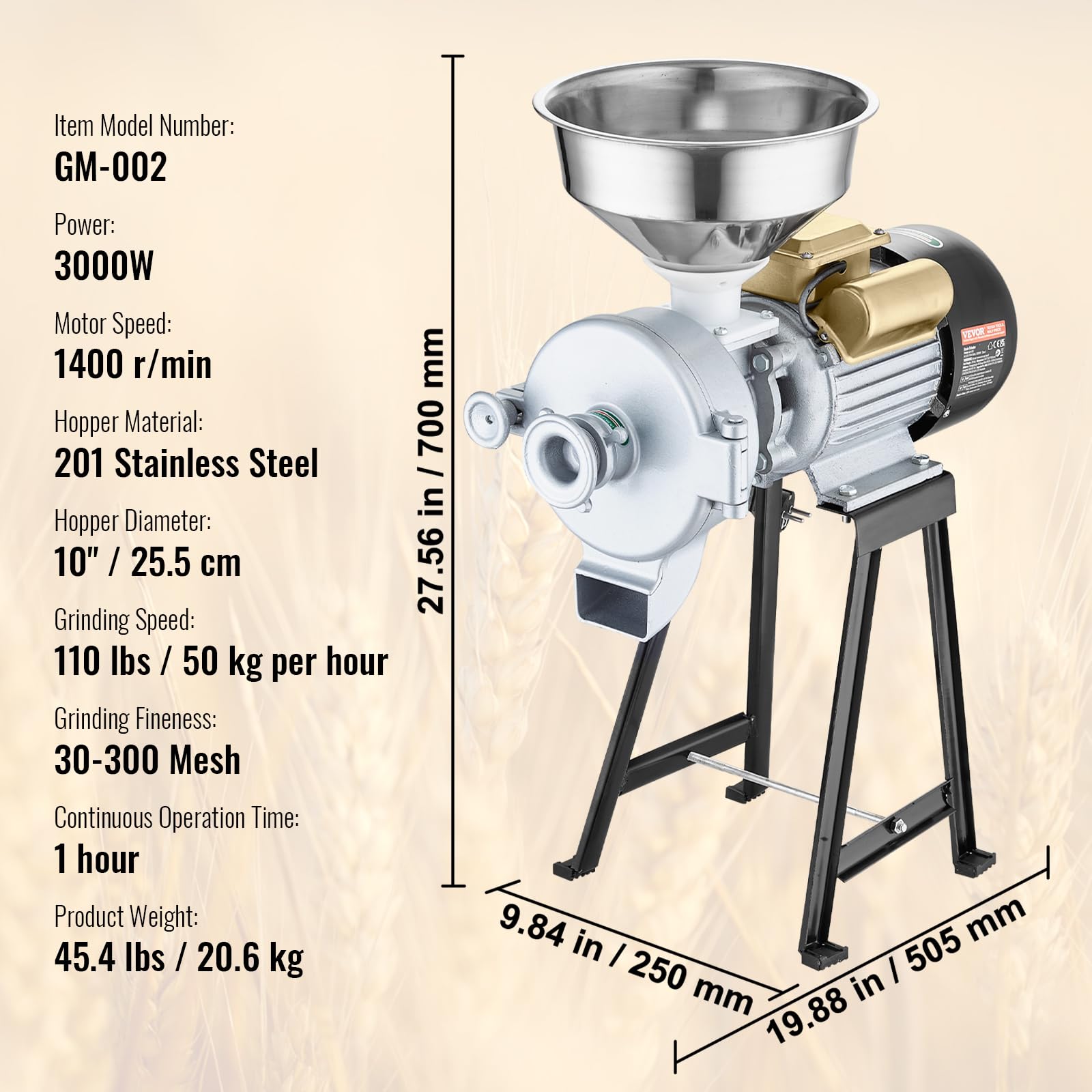 VEVOR 3000W Commercial Electric Grain Mill Grinder - Adjustable Corn Wheat Spice Grinder for Flour, Cereal & Feed - Heavy Duty Dry & Wet Powder Machine with Funnel - Perfect for Bakeries, Restaurants & Home Kitchens