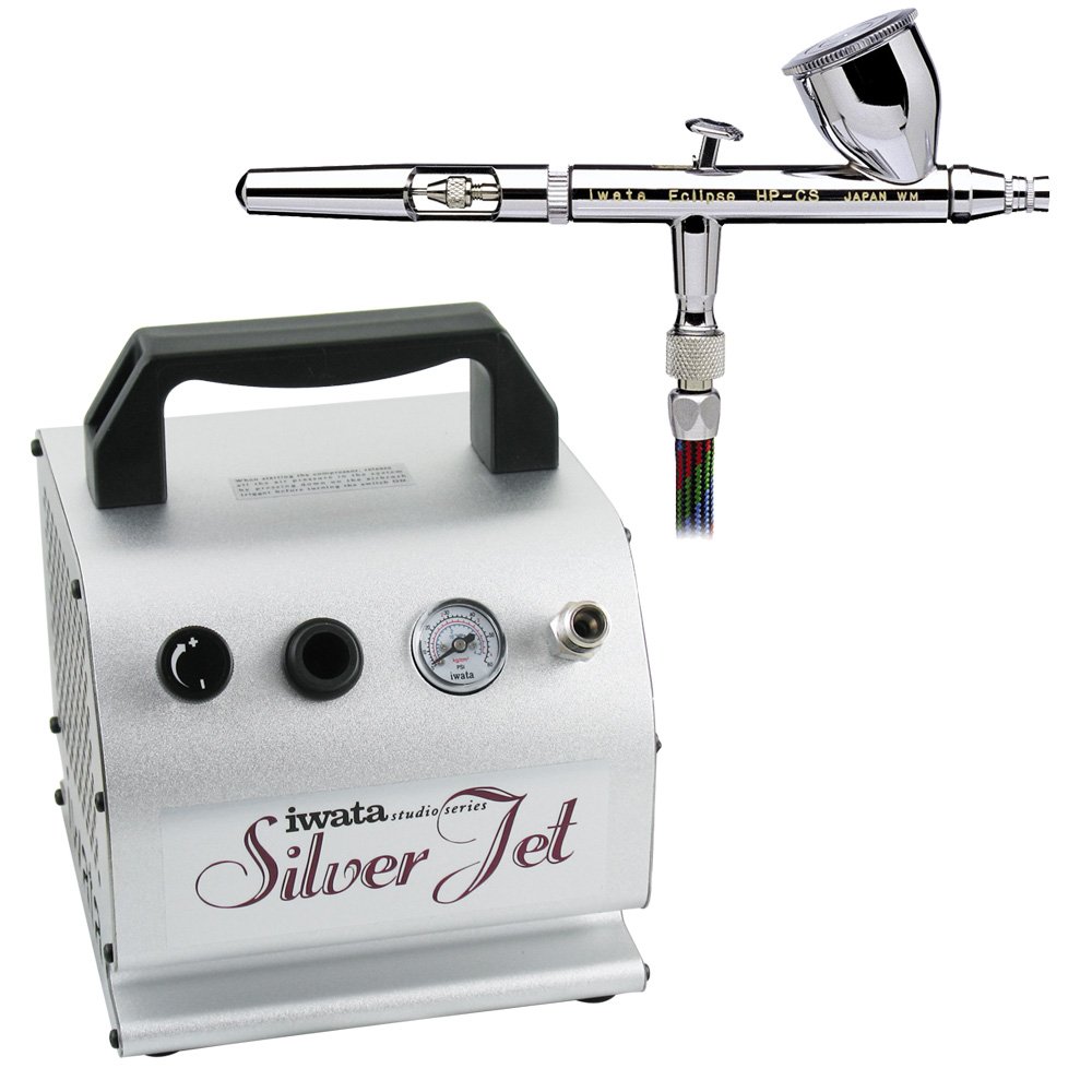 Iwata Eclipse HP-CS Airbrush Kit with Silver Jet Air Compressor - Professional Airbrushing System for Artists, Hobbyists & DIY Projects - Perfect for Model Painting, T-Shirt Design & Cake Decorating