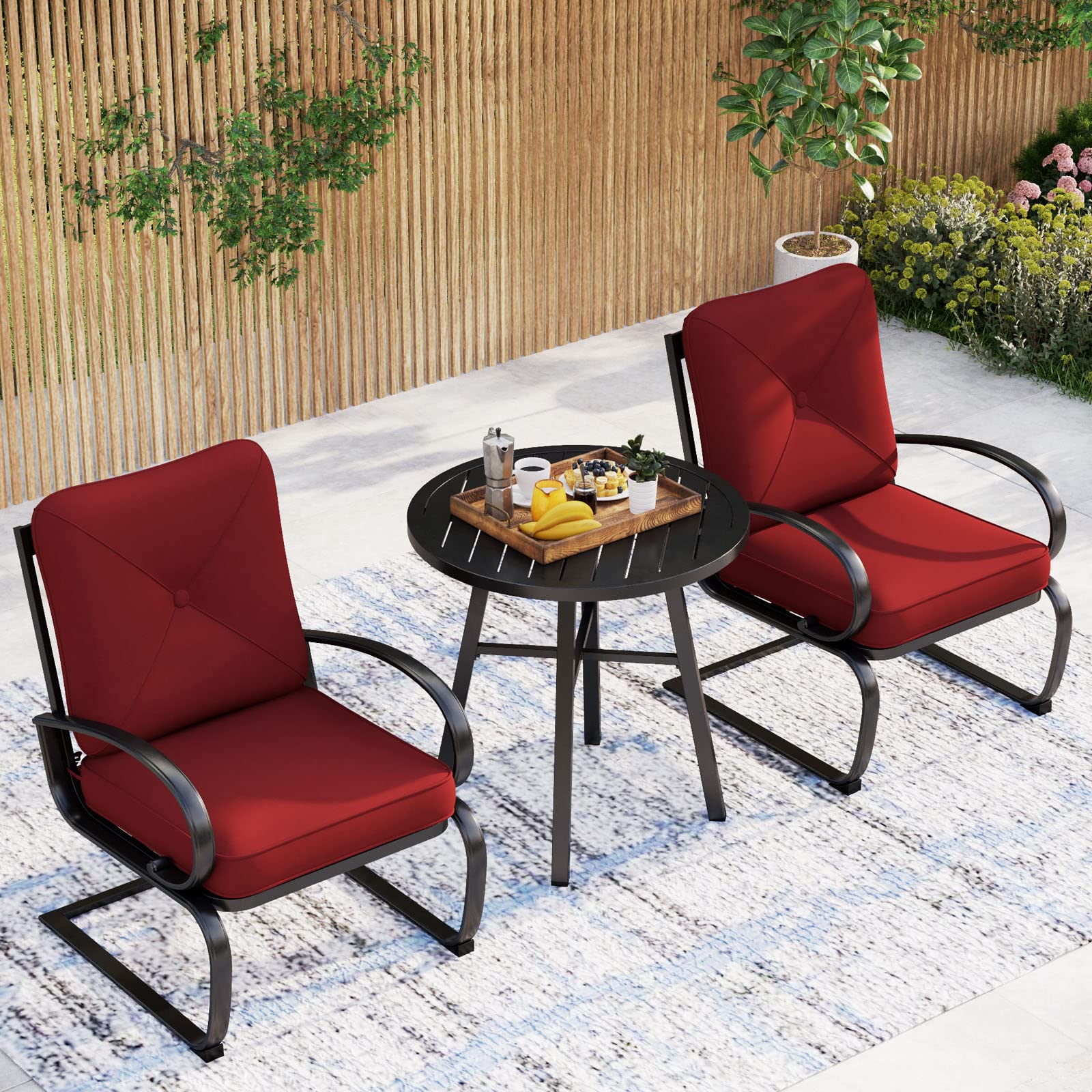MFSTUDIO 3-Piece Patio Bistro Set - Outdoor Dining Furniture with 2 Spring Motion Chairs & 1 Metal Coffee Table - Burgundy Red Garden Conversation Set for Backyard, Lawn, Deck or Poolside Relaxation