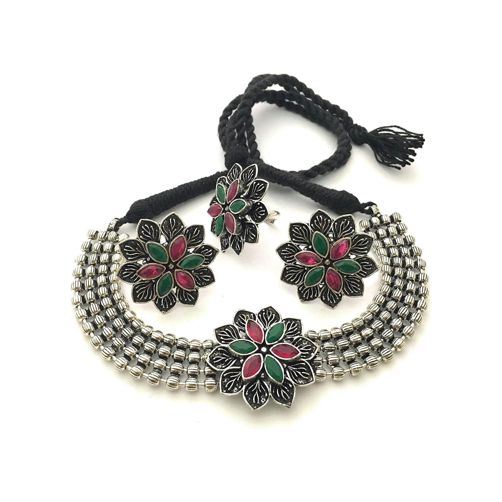 Elegant Oxidized Choker Necklace Set with Matching Ring for Women | Boho Jewelry Gift for Her | Perfect for Weddings, Parties & Date Nights