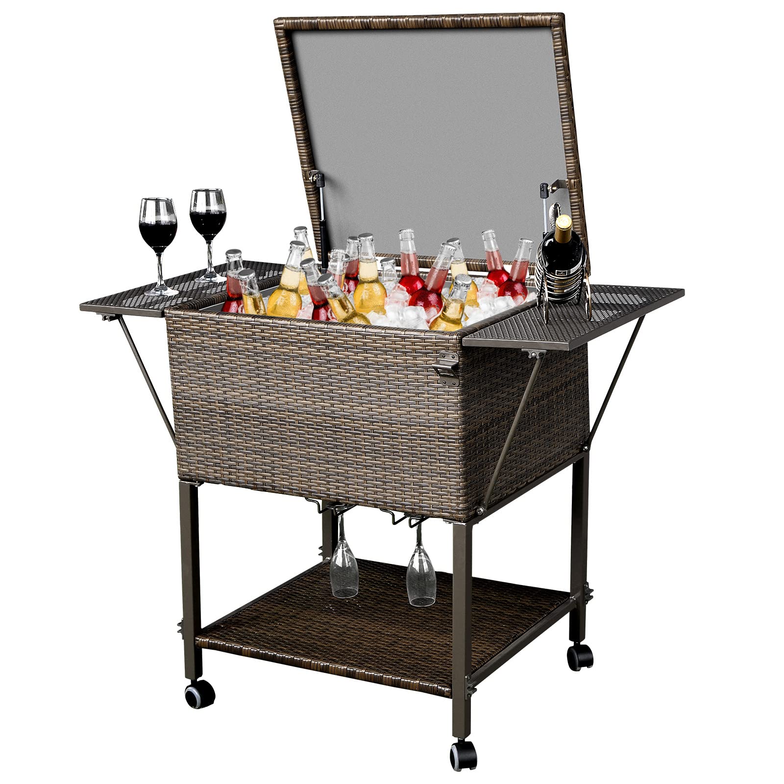 Giantex Outdoor Wicker Bar Cooler Table - 108 Quart Rolling Ice Chest with 2 Folding Side Shelves, 2 Sets of Rails & Drain Plug - Patio Rattan Beverage Cooler for Cocktail Parties, Poolside Decks, BBQs & Outdoor Entertaining