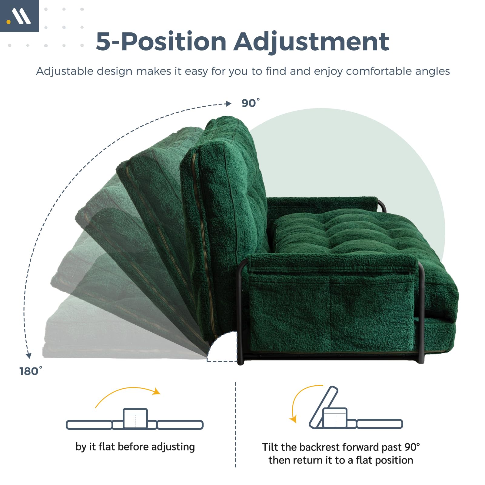 MAXYOYO Adjustable Floor Sofa Couch with 2 Pillows - Boucle Convertible Lazy Sofa Sleeper Bed with Armrest - Double Size Green Sectional for Living Room, Bedroom & Small Spaces