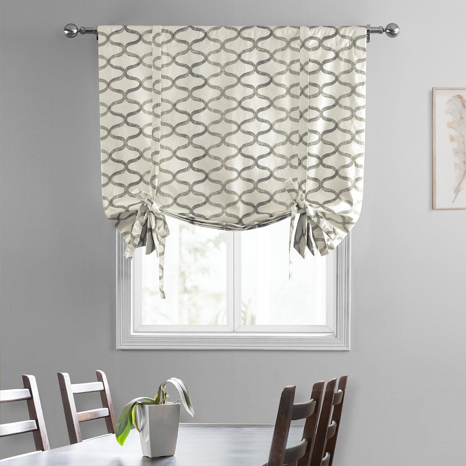 Silver Grey Geometric Printed Cotton Blackout Tie-Up Window Shade - Stylish Room Darkening Solution for Bedroom, Living Room & Home Decor