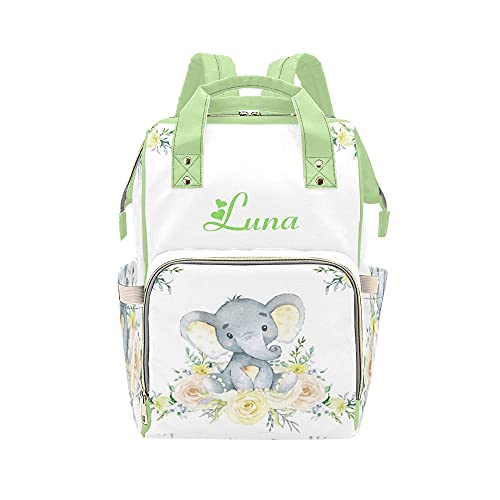 Waterproof Elephant Print Diaper Bag for Women - Green & Yellow Floral Design Baby Nappy Backpack with Name Tag - Perfect for Nursing, Travel, and On-the-Go Moms