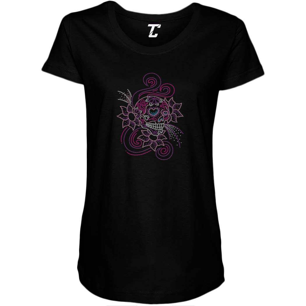 Pink Rhinestone Sugar Skull Maternity T-Shirt for Day of The Dead - Stretchy Side Ruched Pregnancy Top for Halloween, Dia de Los Muertos Celebration & Maternity Photoshoot