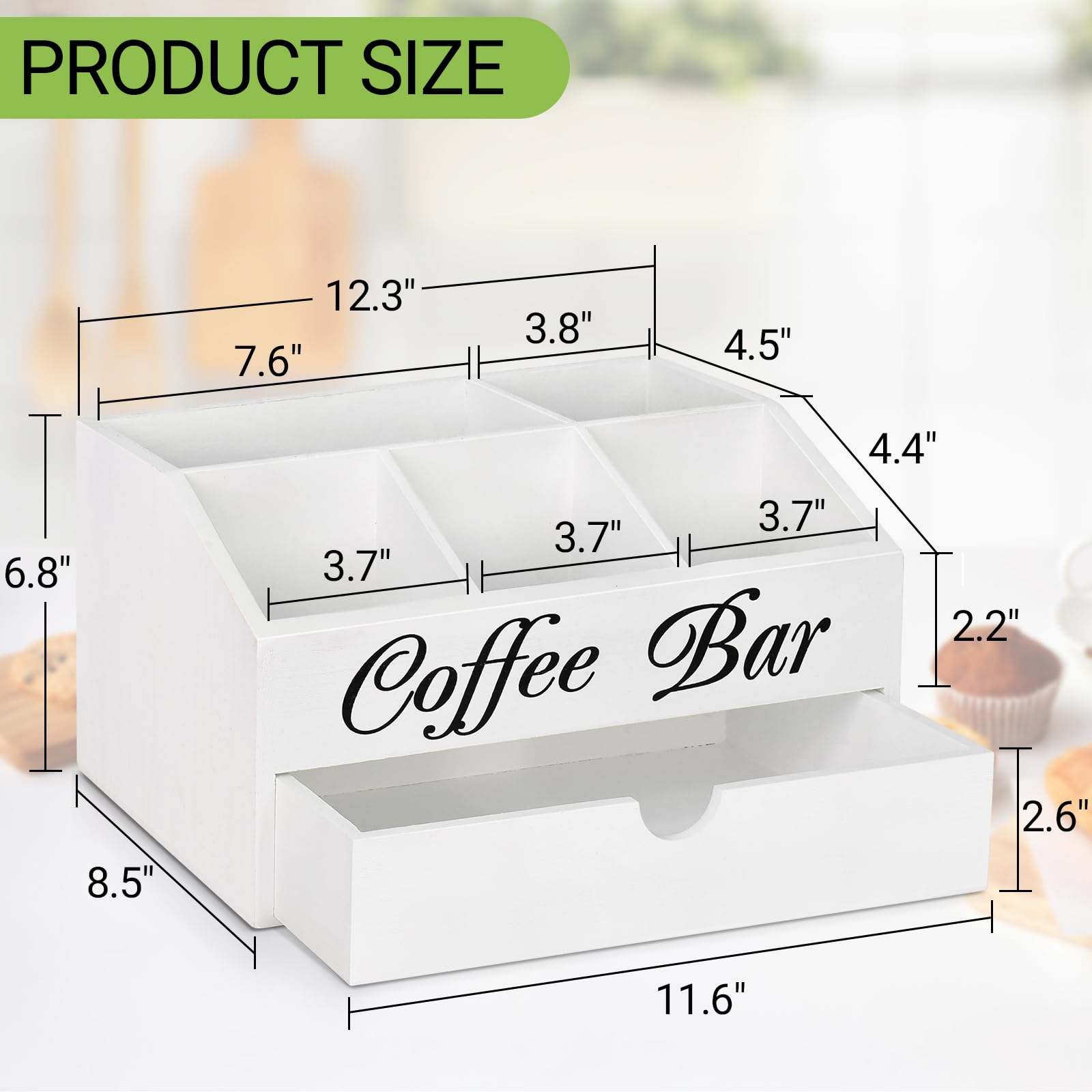 Wooden Coffee Bar Organizer with Drawer - Countertop Storage Basket for Coffee Pods, Tea & Condiments - Farmhouse Style Station Accessories | Perfect for Kitchen, Office & Home Decor