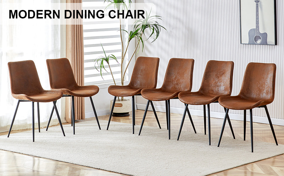 Premium Brown Suede Dining Chair with Black Metal Legs - Ergonomic Curved Cushion Design for Ultimate Comfort - Perfect for Restaurants, Kitchens, Bedrooms & Offices - Set of 6 Modern Chairs for Home and Commercial Use