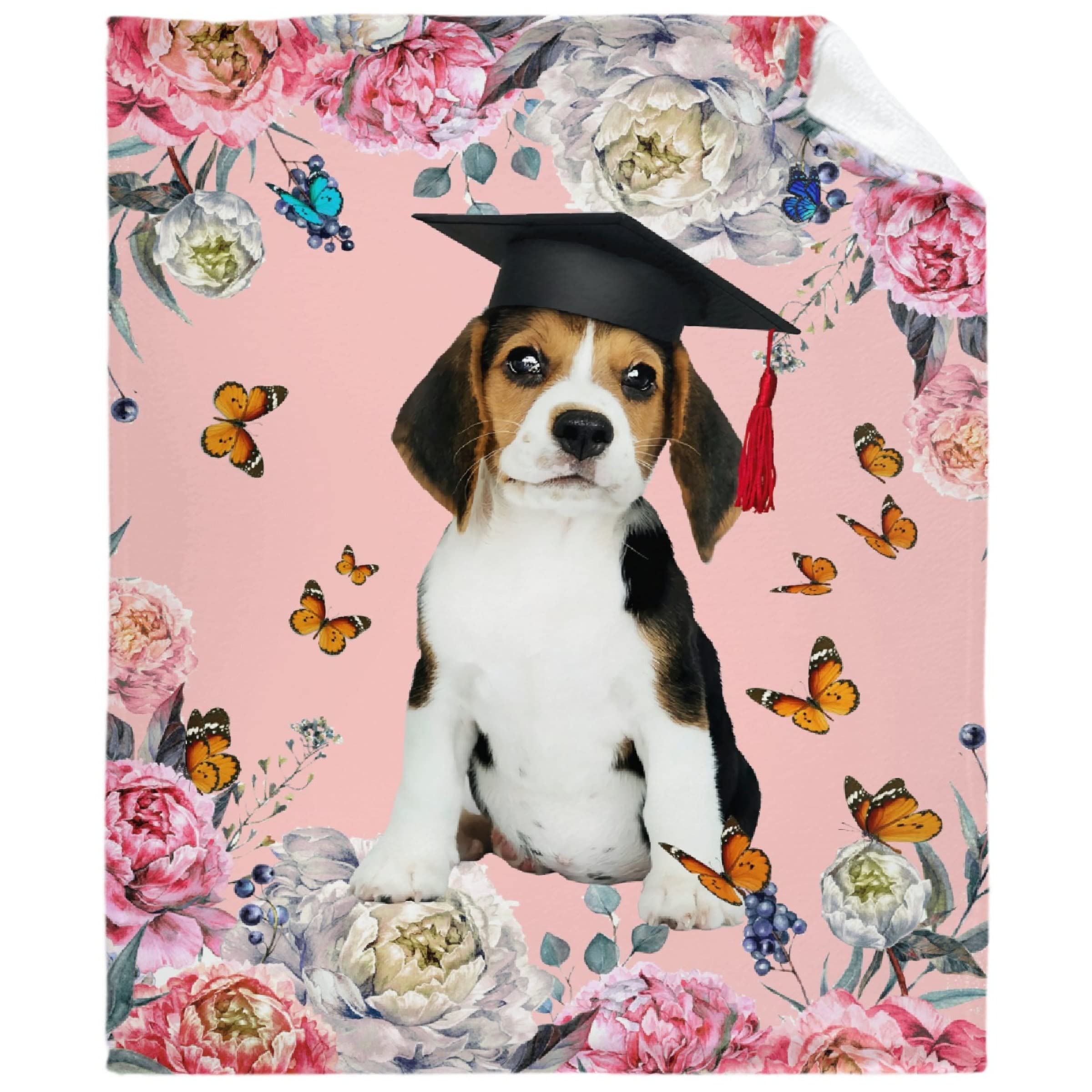 Personalized Beagle Puppy with Butterflies Fleece Blanket - Ultra Soft, Warm & Lightweight Pet-Friendly Throw for Home, Bed, Sofa & Dorm (120x90 inches) - Perfect for Family Cuddles, Gift Giving & Cozy Winter Nights