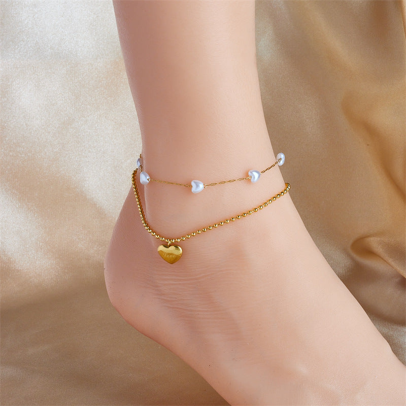 Layered Gold Heart Anklet Chain with Pearl Beads - Dainty Adjustable Ankle Bracelet for Women | Perfect for Beach, Wedding & Everyday Wear | NL640