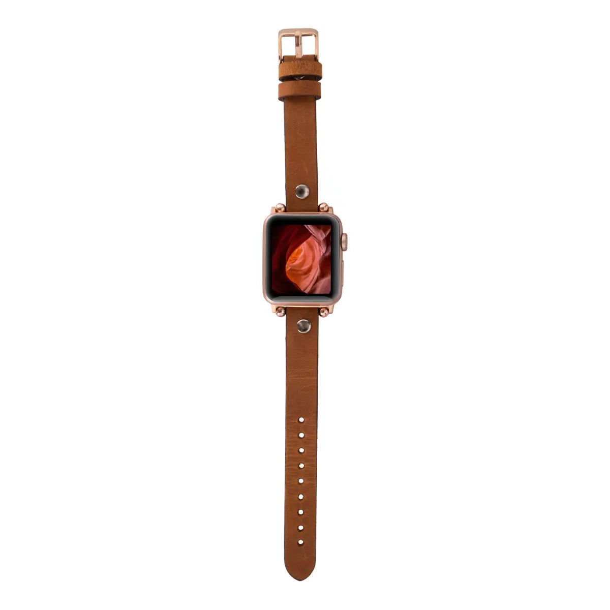 Premium Camel Leather Ultra Slim Apple Watch Band - Silver Rivet Strap for Apple Watch Series 9/8/7/6/SE - Stylish & Durable Replacement Band for Workout, Office & Everyday Wear
