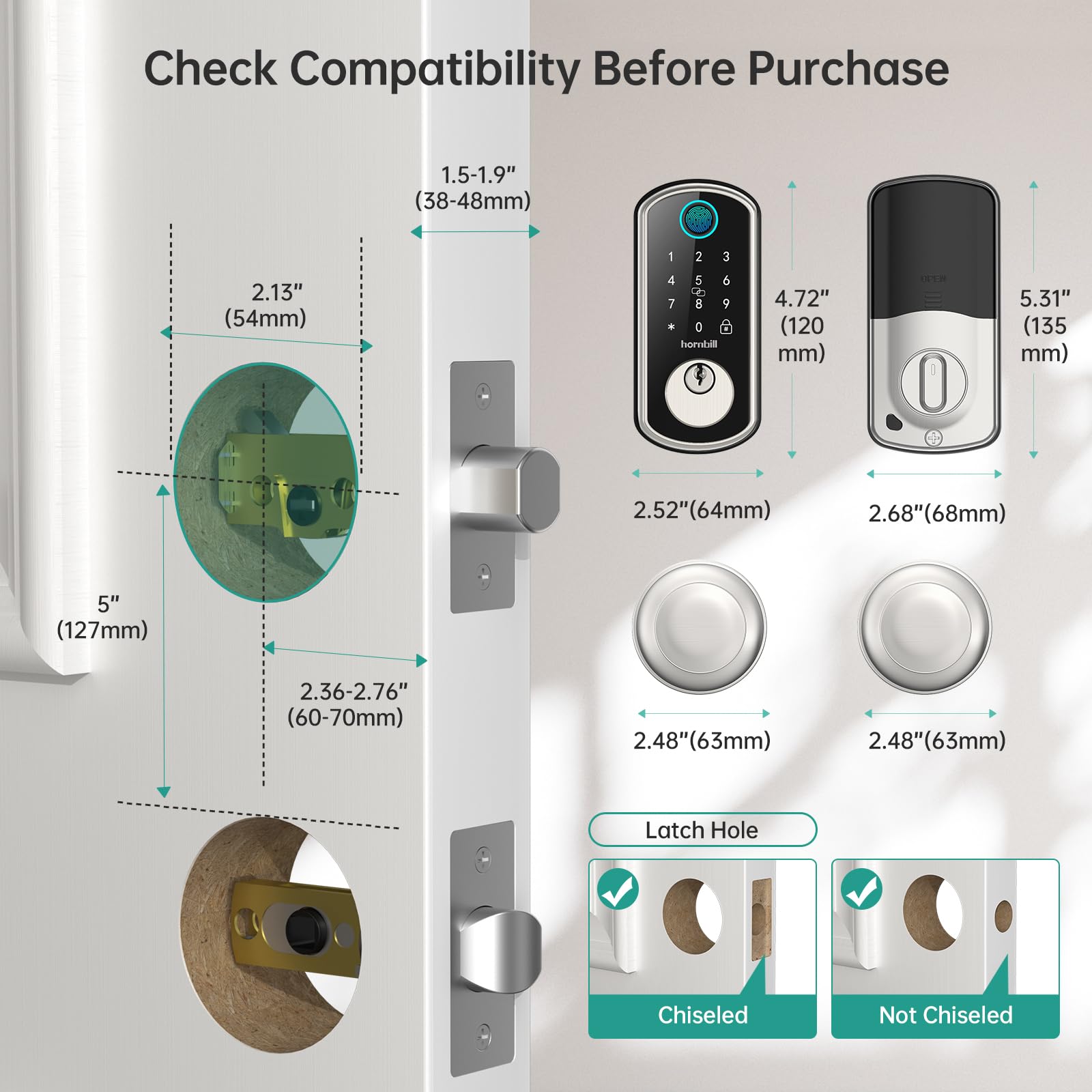 Smart WiFi Door Lock Set - Hornbill Silver Keyless Entry Fingerprint Deadbolt with Handle, 2 Knobs, Alexa & Bluetooth, Remote Code & Auto Lock - Ideal for Home, Hotel & Office Security (Easy Installation & Smart Access)