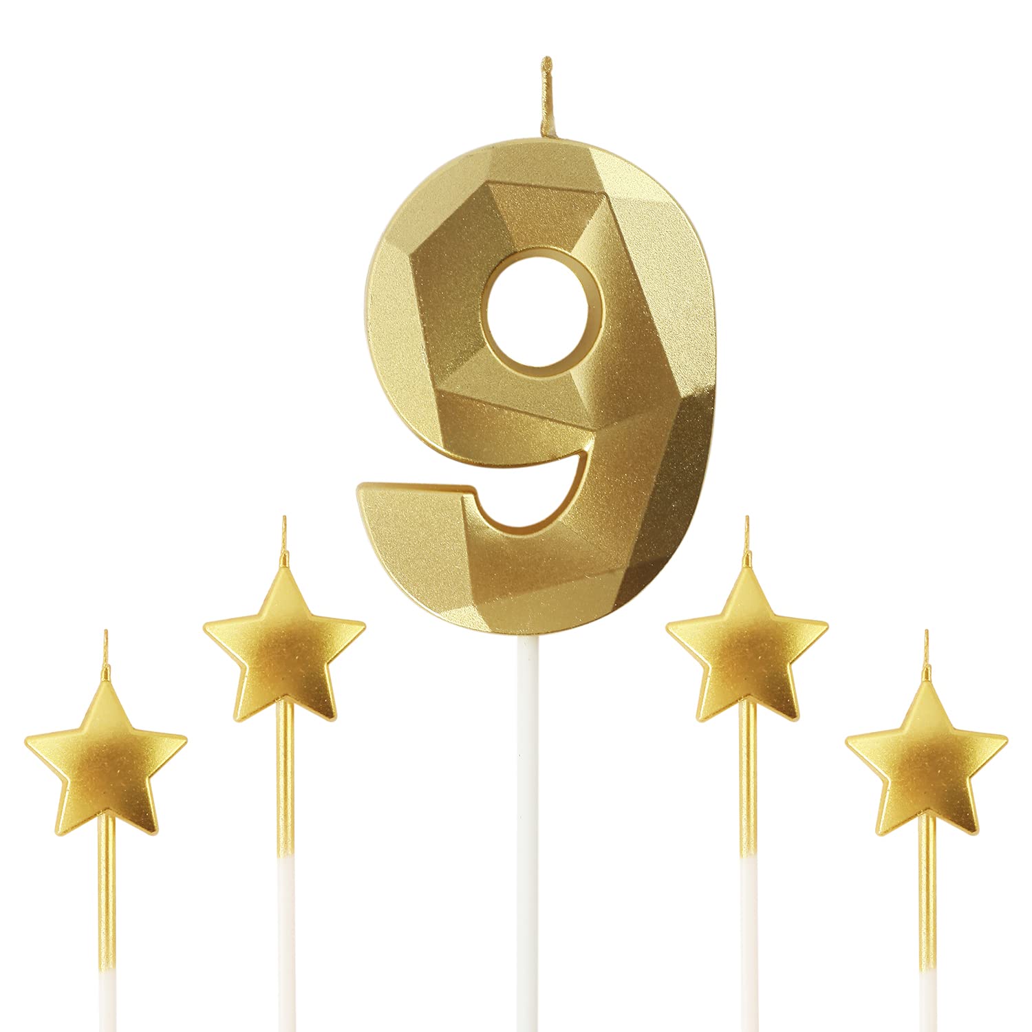 Golden Number 9 & Star Birthday Candles - 2.76 Inch 3D Diamond Shaped Cake Candles for Birthday Parties, Anniversary Decorations | Premium Gold 9 Candles for Cakes, Cupcakes & Special Celebrations