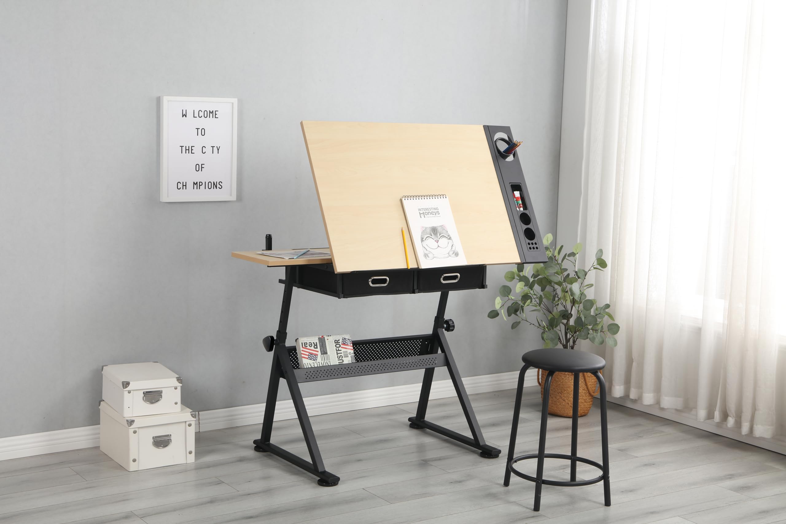 Adjustable Drawing Drafting Table with 2 Non-Woven Storage Drawers & Stool - Solid Wood & MDF Top, Metal Frame - Home Office & School Art Studio Furniture - Perfect for Artists, Architects & Students (Natural American White Oak)