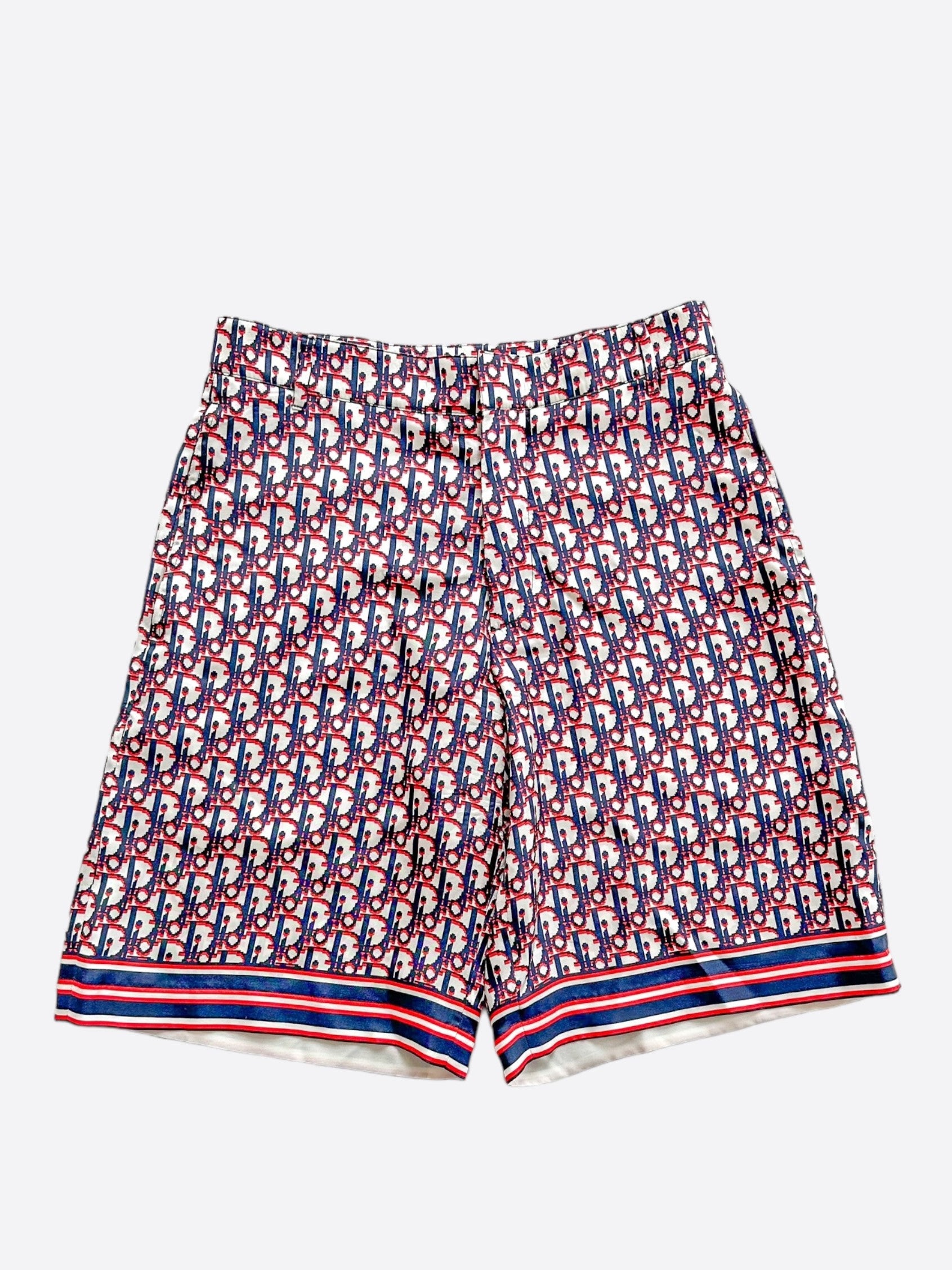 Dior Blue & Red Pixel Oblique Silk Bermuda Shorts for Women - Luxury Fashion Summer Shorts for Beach, Vacation & Casual Wear
