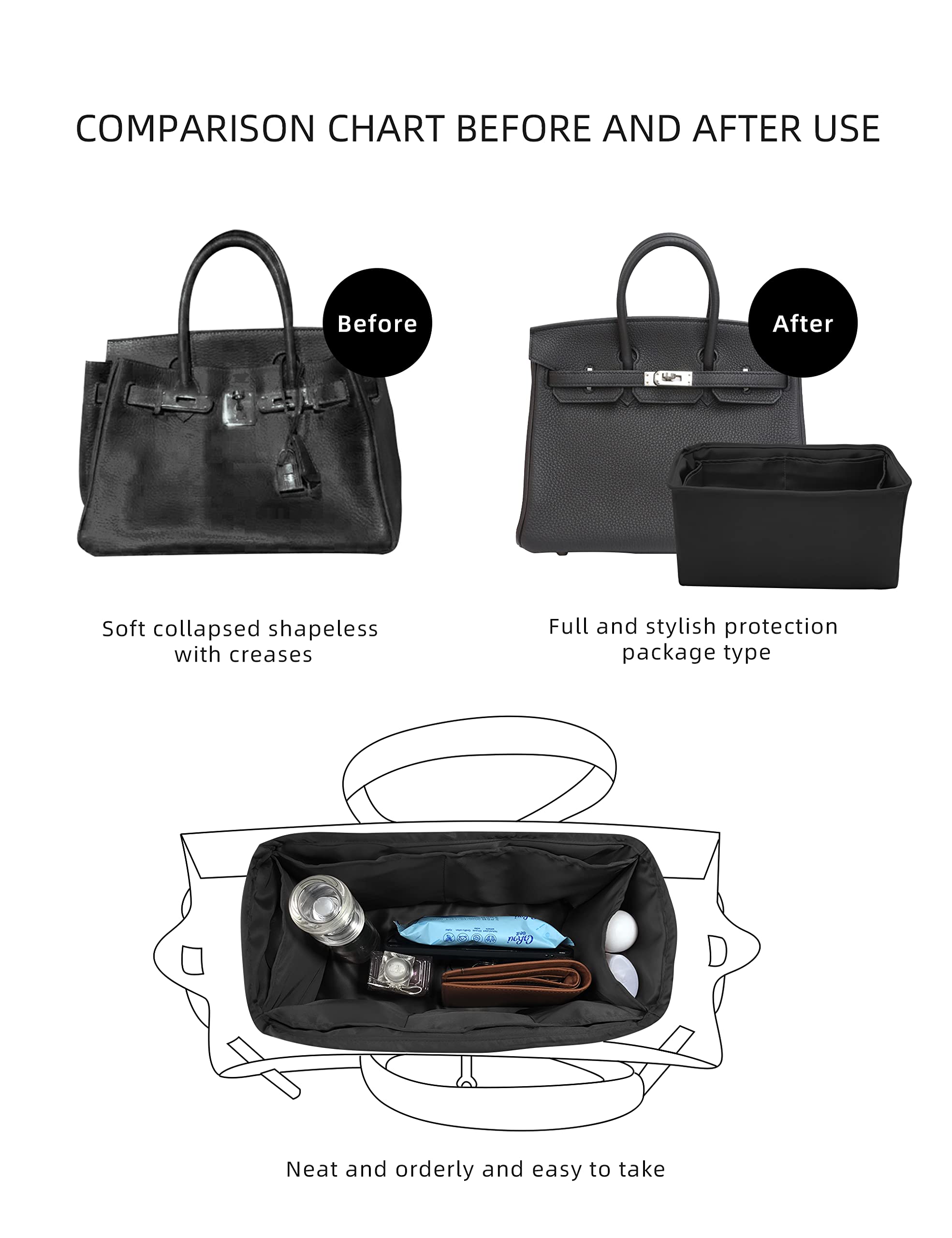 Premium DGAZ Black Purse Organizer & White Handbag Pillow Shaper - Fits Birkin 30, Silk Luxury Bag Insert for Organization & Shape Protection - Perfect for Designer Bags, Travel & Everyday Use