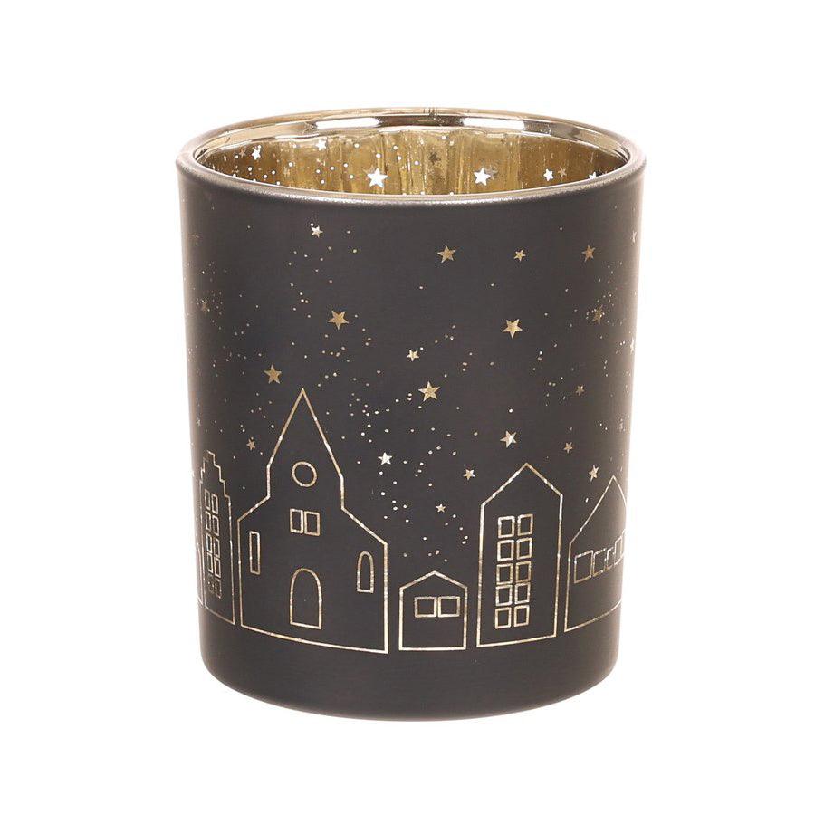 NANKAI TSUSHO Christmas Glass Candle Holder 10cm - City of Light Decorative Holiday Centerpiece (306g) for Home, Party & Wedding Decorations