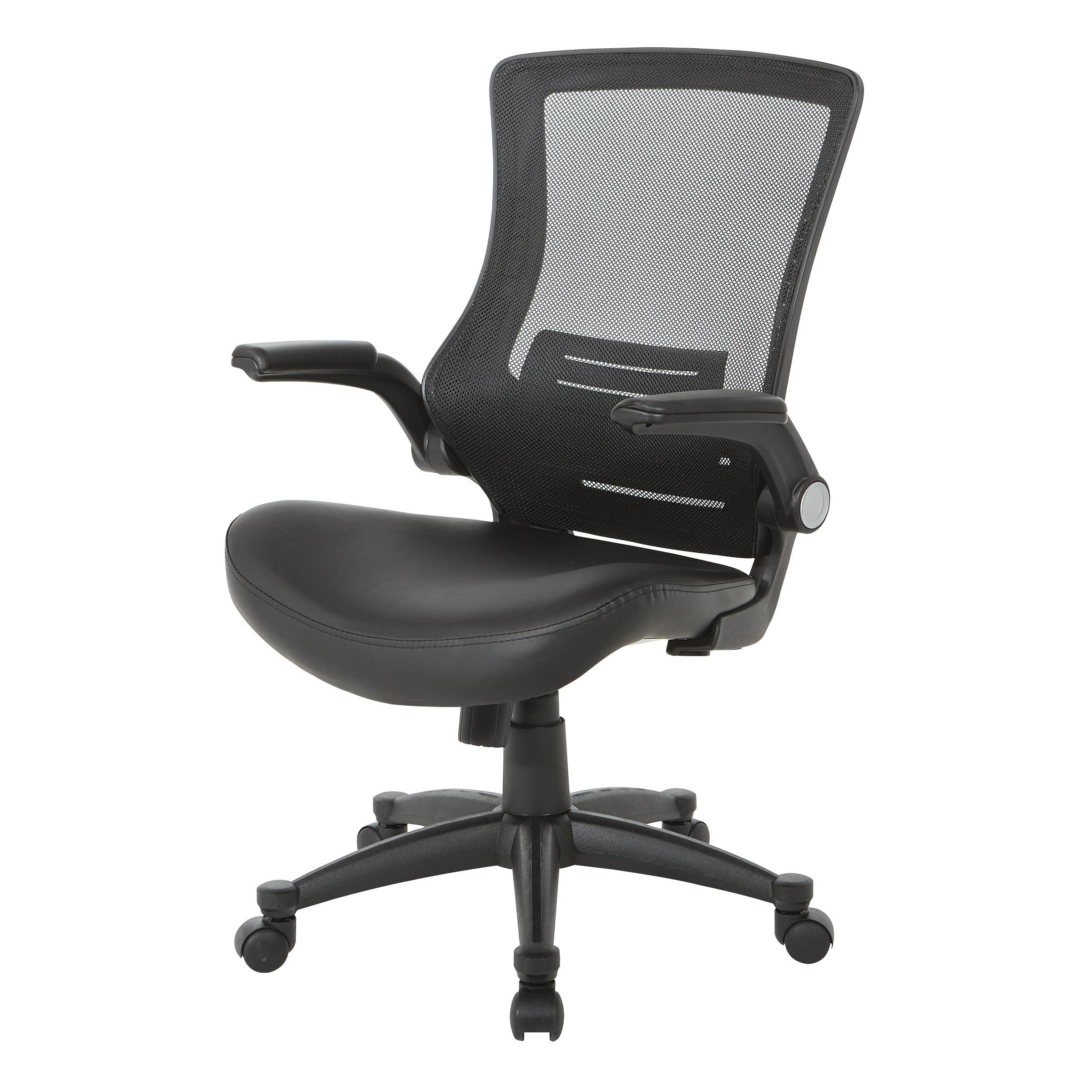 Office Star Ventilated Black Mesh Back Fully Adjustable Ergonomic Office Chair with Padded Flip-Up Arms and Swivel Nylon Base - Black Faux Leather Executive Chair for Home Office & Workspace