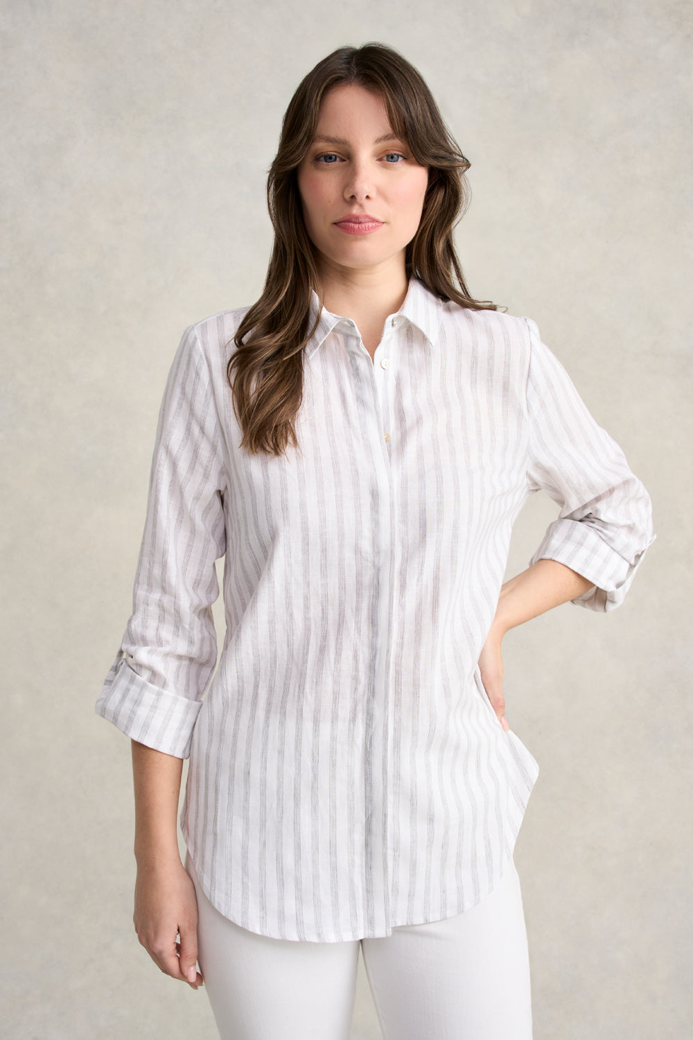 Men's Classic Stripe Side Button Shirt - Grey & White Striped Casual Dress Shirt for Office, Date Night & Smart Casual Outfits