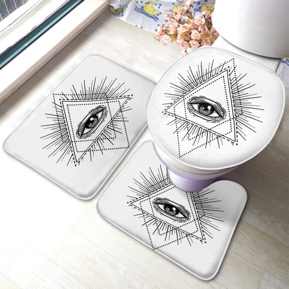 Swono Eye of Providence 3-Piece Bathroom Rug Set - Blackwork Tattoo Design U-Shaped Contour Rug, Toilet Lid Cover & Non-Slip Bath Mat with Rubber Backing - Gothic Decor for Occult & Spiritual Homes