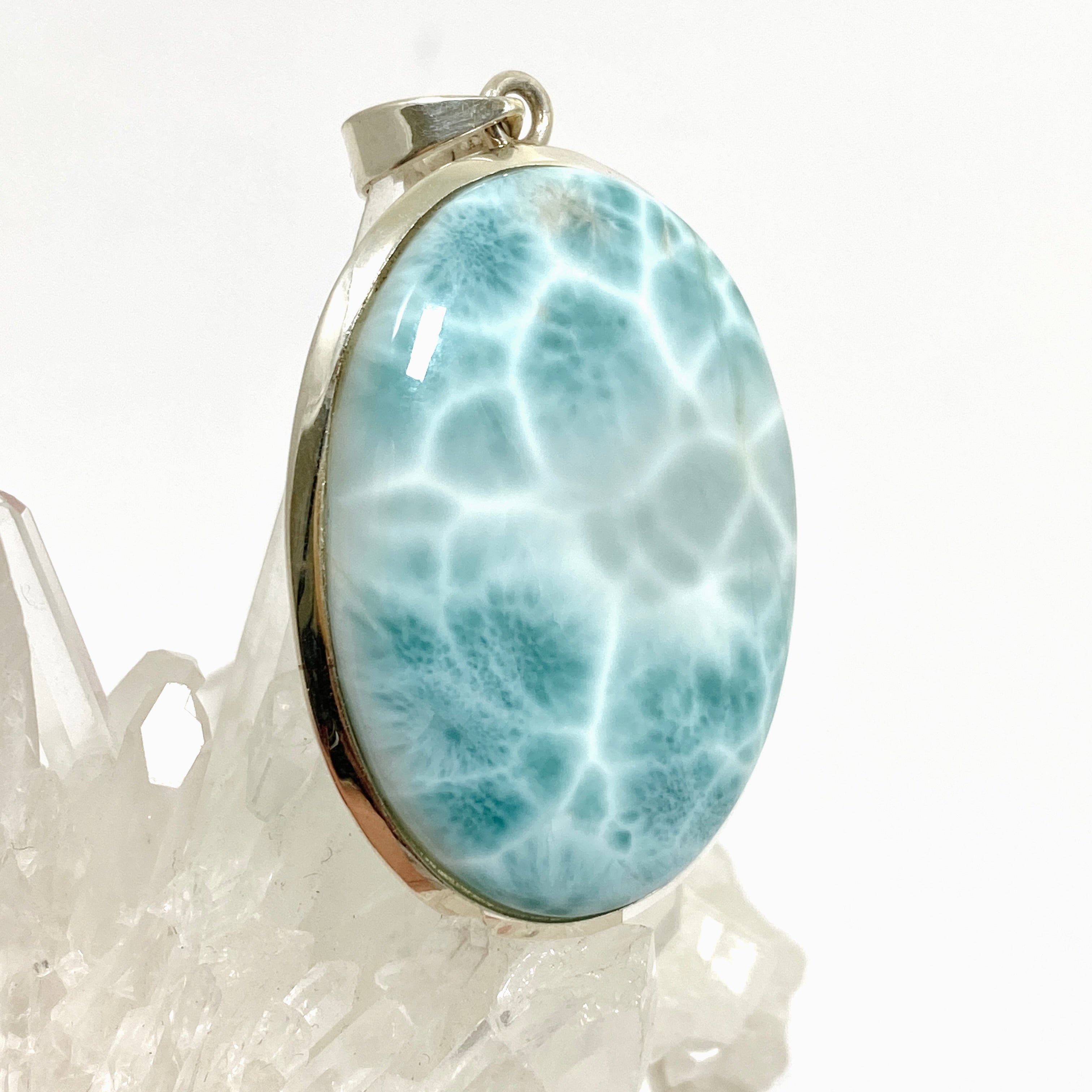 Natural Larimar Oval Cabochon Pendant - 925 Sterling Silver Jewelry for Women - Perfect for Beach Vacations & Boho Fashion