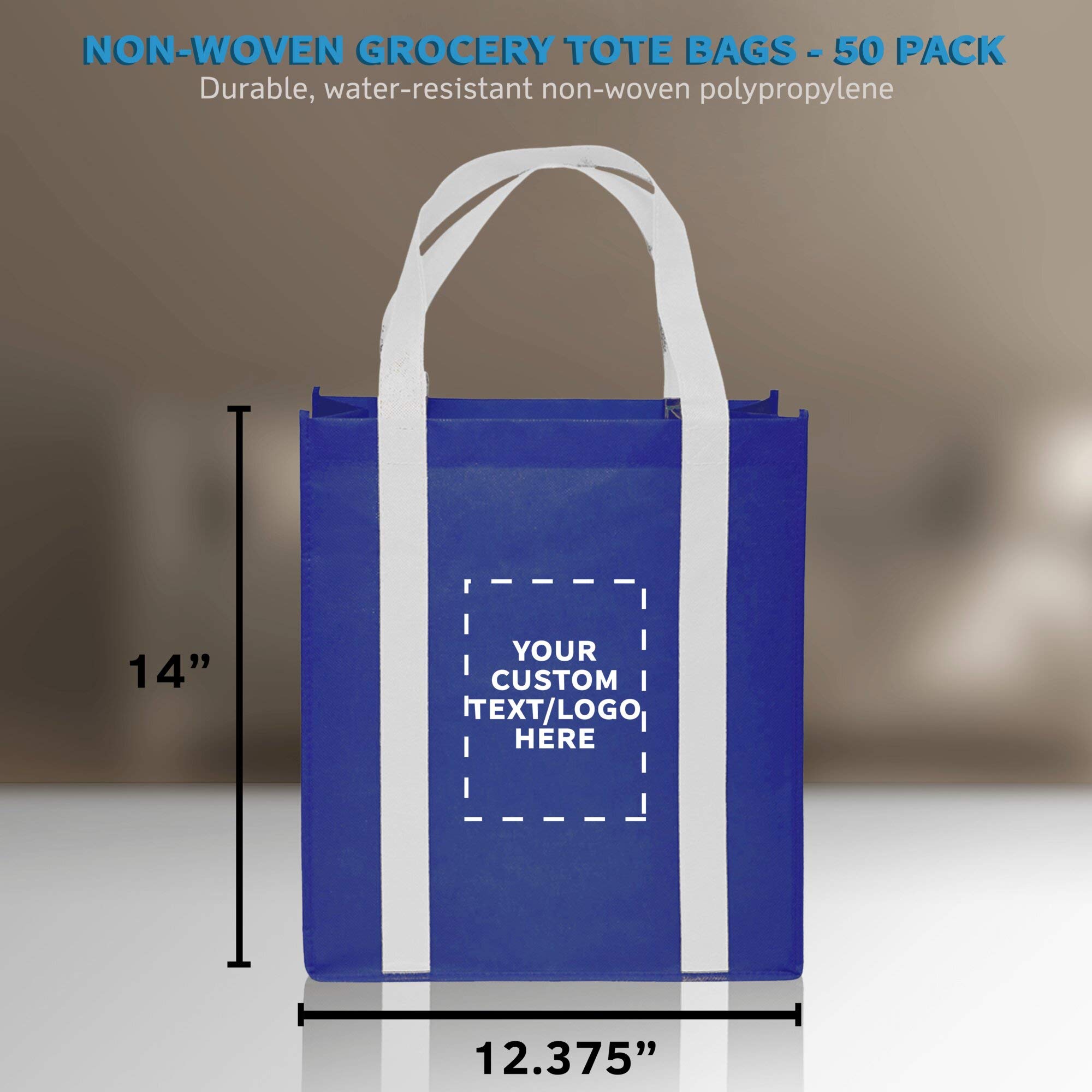 Custom Non-Woven Reusable Shopping Tote Bags - Bulk Pack of 50 Personalized Grocery Bags - Eco-Friendly Beach, Picnic & Wedding Favors (Blue & White) - Perfect for Retail Promotions, Events & Sustainable Shopping
