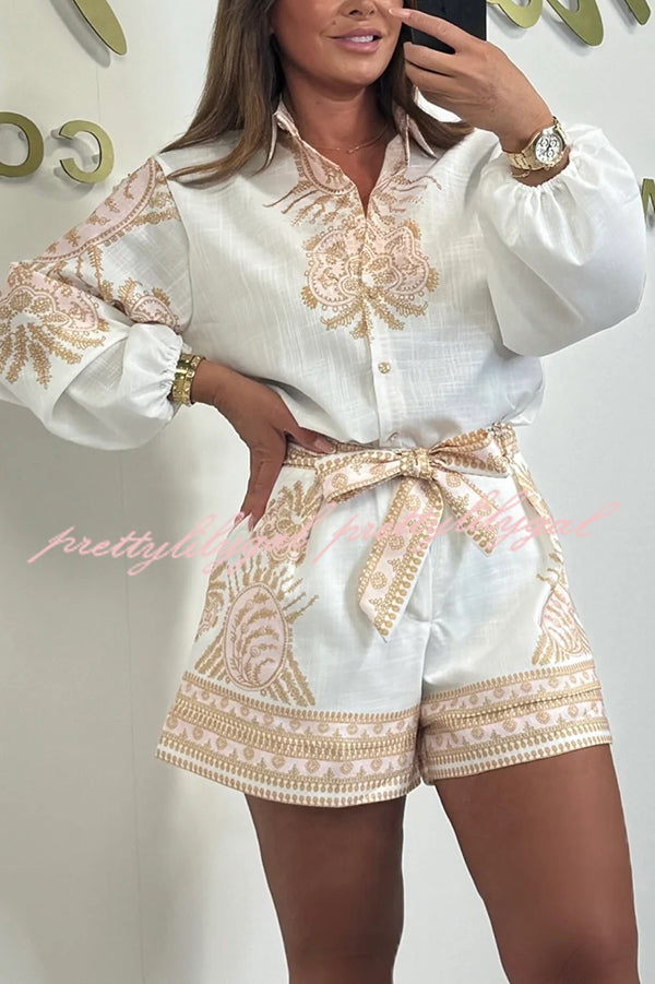 Stylish Linen Blend Puff Sleeve Shirt with Waist Tie & Loose Shorts Set - Unique Print Summer Outfit for Beach Vacation, Casual Wear and Boho Fashion