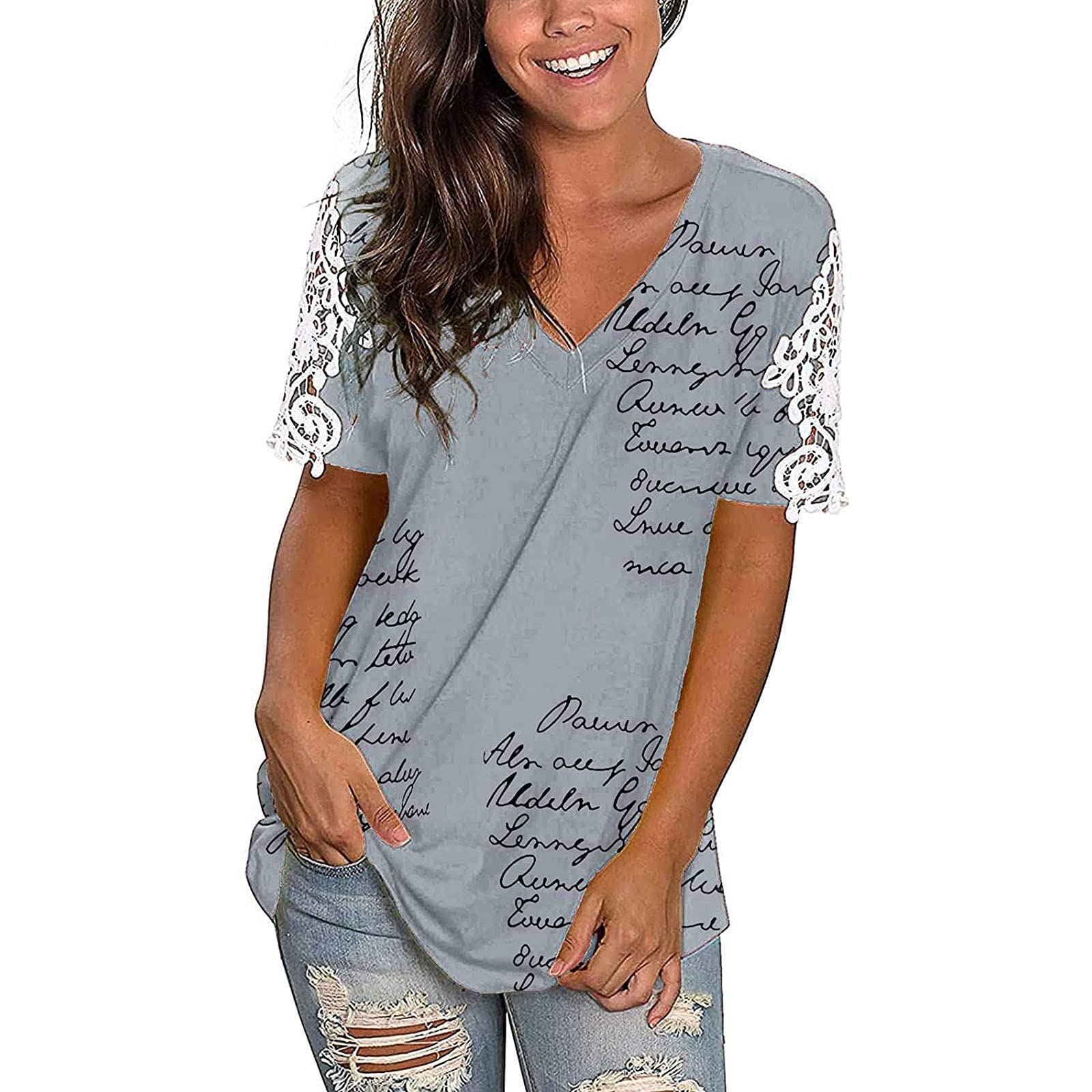 Women's V Neck Lace Tee Tops - Short Sleeve Casual Summer Blouse for Women | Perfect for Beach Outings, Date Nights & Office Wear
