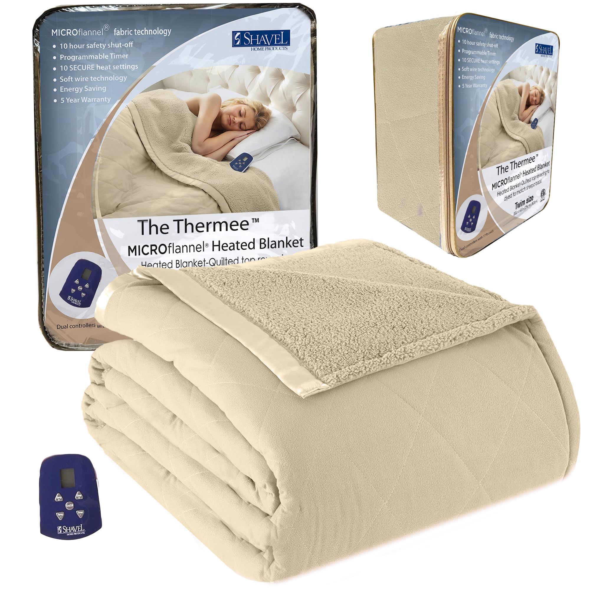 Thermee Micro Flannel Heated Blanket with Sherpa Back - 10 Heat Settings Electric Blanket for Twin Bed, Programmable Fast Heating Throw Blanket - Ultra Soft Thermal Blanket for Winter, Perfect for Bed, Couch & Office Use - Tan