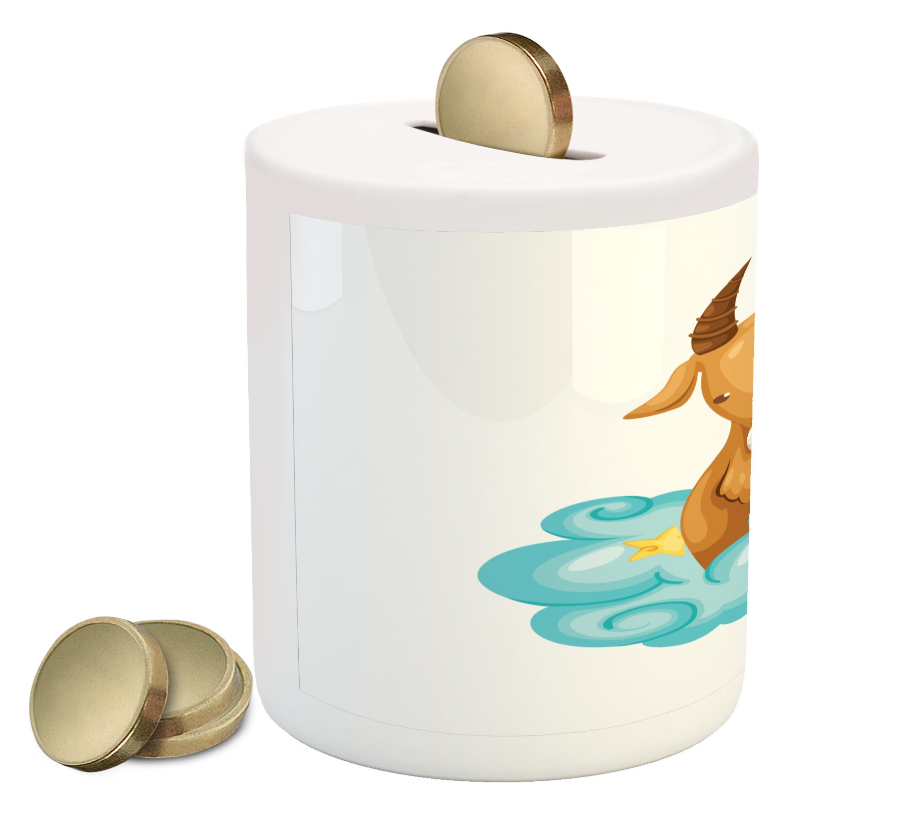 Ambesonne Zodiac Capricorn Ceramic Piggy Bank - Astrology Themed Cartoon Goat with Horns in Clouds - Printed Money Box for Cash Saving (Pale Brown, Blue, Yellow) - Perfect Gift for Birthday, Christmas & Home Decor