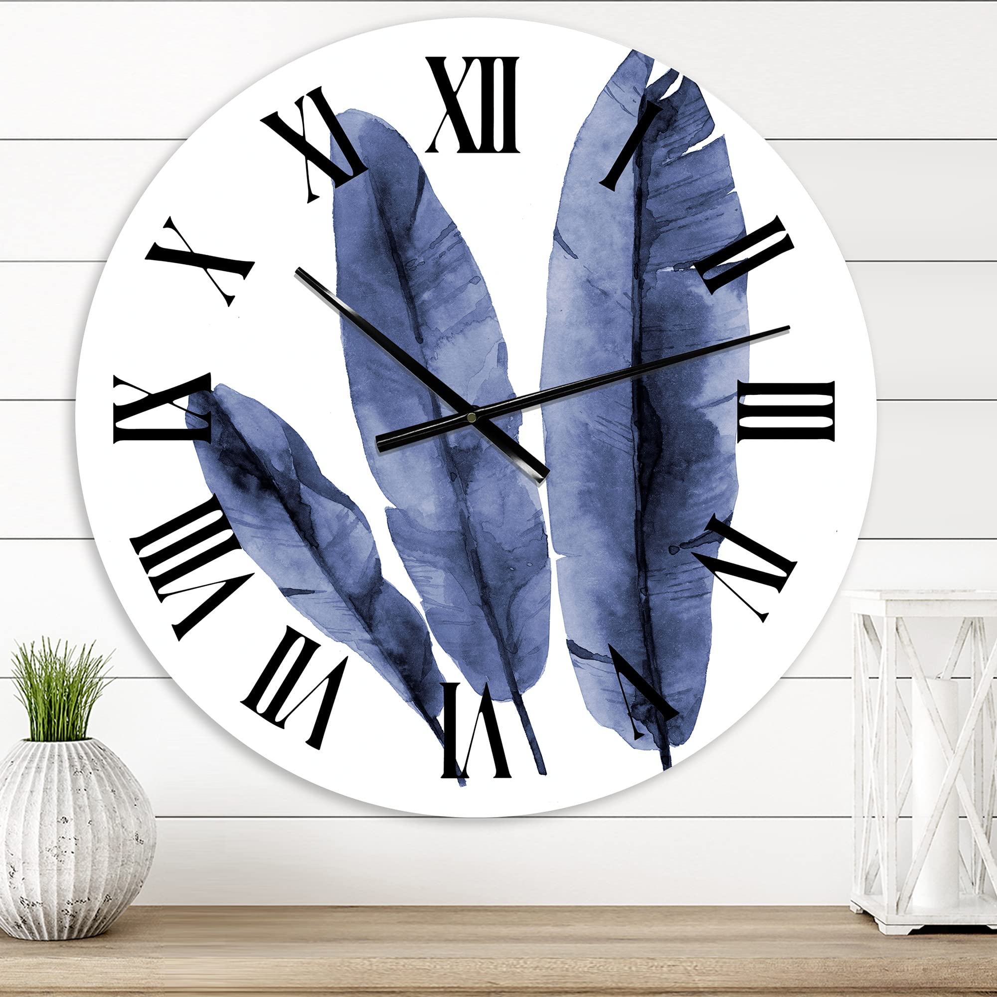 DesignQ Tropical Wall Clock - Navy Blue Banana Leaves Floral Botanical Large Wall Clock for Living Room, Bedroom, Kitchen Decor | Perfect for Beach House, Boho & Tropical Home Decor