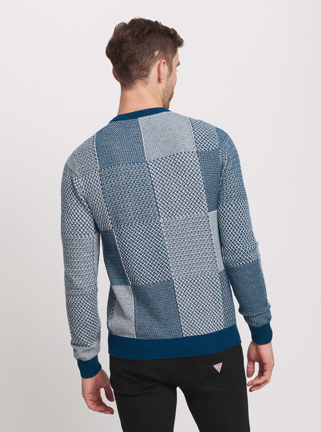 Eco-Friendly Blue Patchwork Knit Jumper for Women - Cozy Casual Sweater for Fall & Winter - Perfect for Office, Travel and Weekend Outings