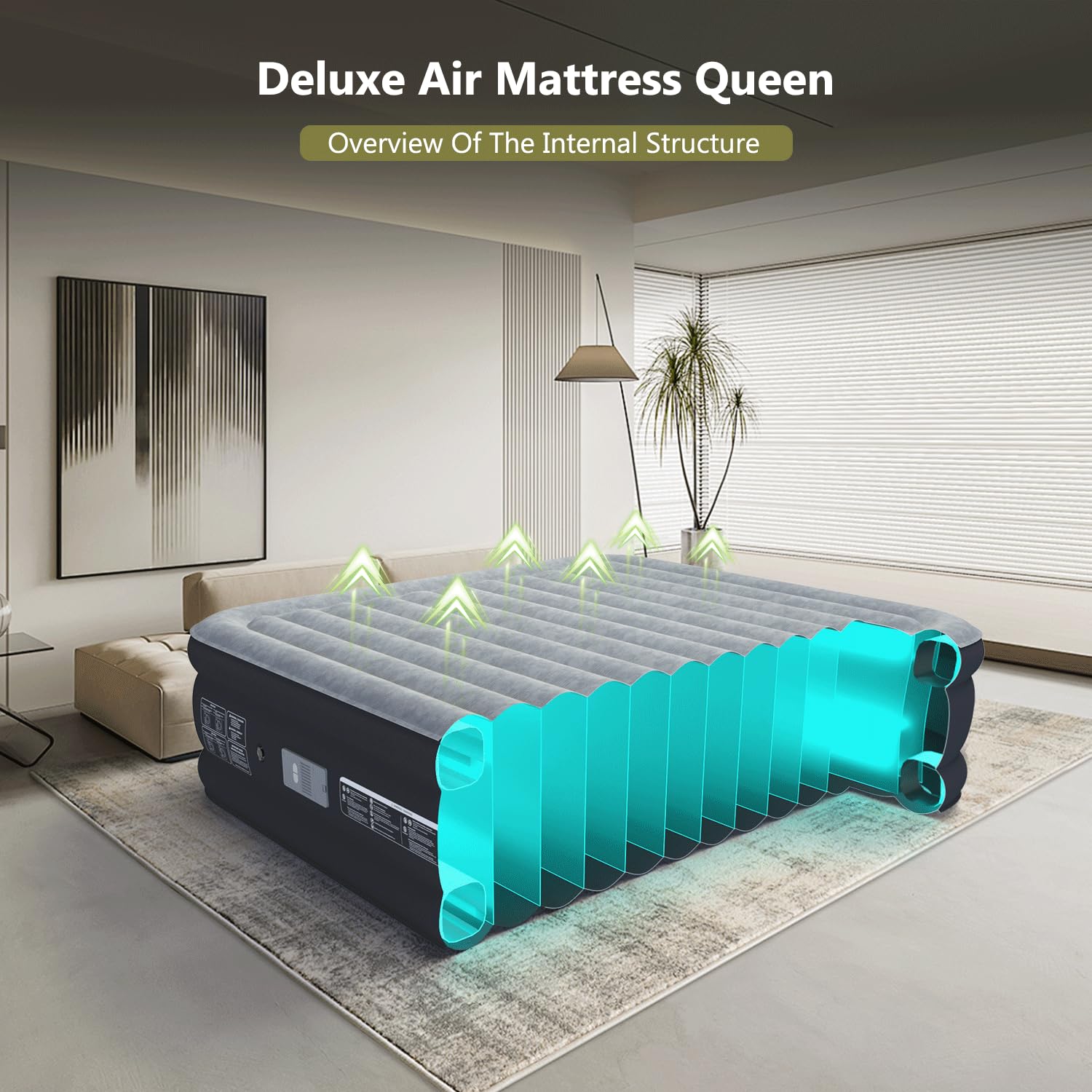 20 Inch Queen Air Mattress - Luxury Inflatable Bed with Push Button Start, Auto Stop & Quick 1-3 Minute Inflation/Deflation - Perfect for Camping, Guest Beds & Indoor/Outdoor Use (Grey & Black)