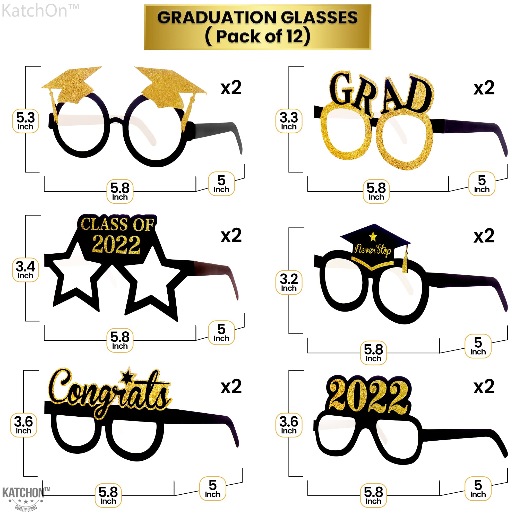 2024 Graduation Glasses - Black & Gold Photo Booth Props (Pack of 12) | Graduation Party Decorations, Graduation Favors for College & High School Celebrations | Perfect for Graduation Photos, Parties & Events