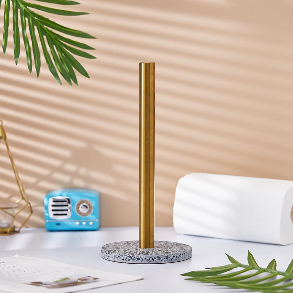 Stainless Steel Kitchen Paper Towel Holder with Golden Roll & Terrazzo Base - Countertop Organizer for Kitchen, Bathroom, Office (Light Grey) - Perfect for Modern Homes & Restaurants