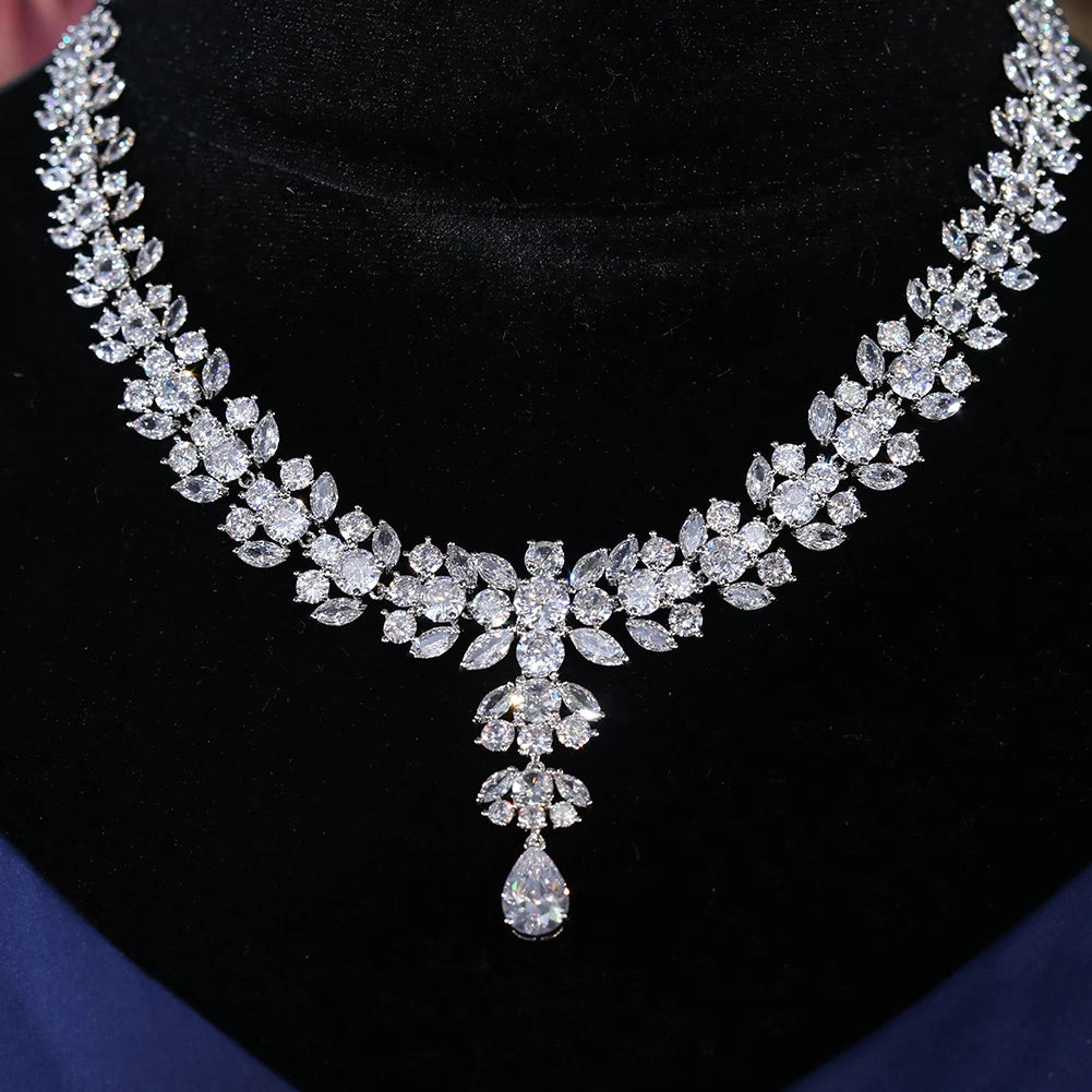 Elegant Bridal Jewelry Set - Sparkling Zircon Flower Necklace & Earrings for Weddings, Prom, Anniversary Gifts | Perfect for Brides, Bridesmaids, and Formal Occasions