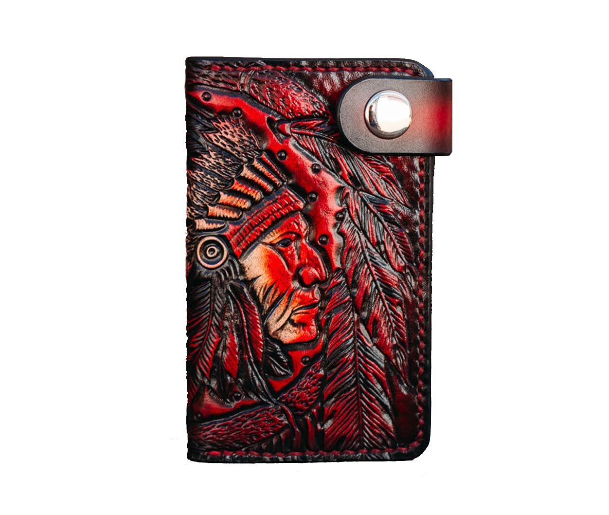 Handcrafted 3D Genuine Leather Biker Wallet for Men - Custom Hand-Carved & Hand-Painted Native American Indian Chief Design - Personalized Long Leather Wallet for Motorcycle Riders & Western Style Enthusiasts