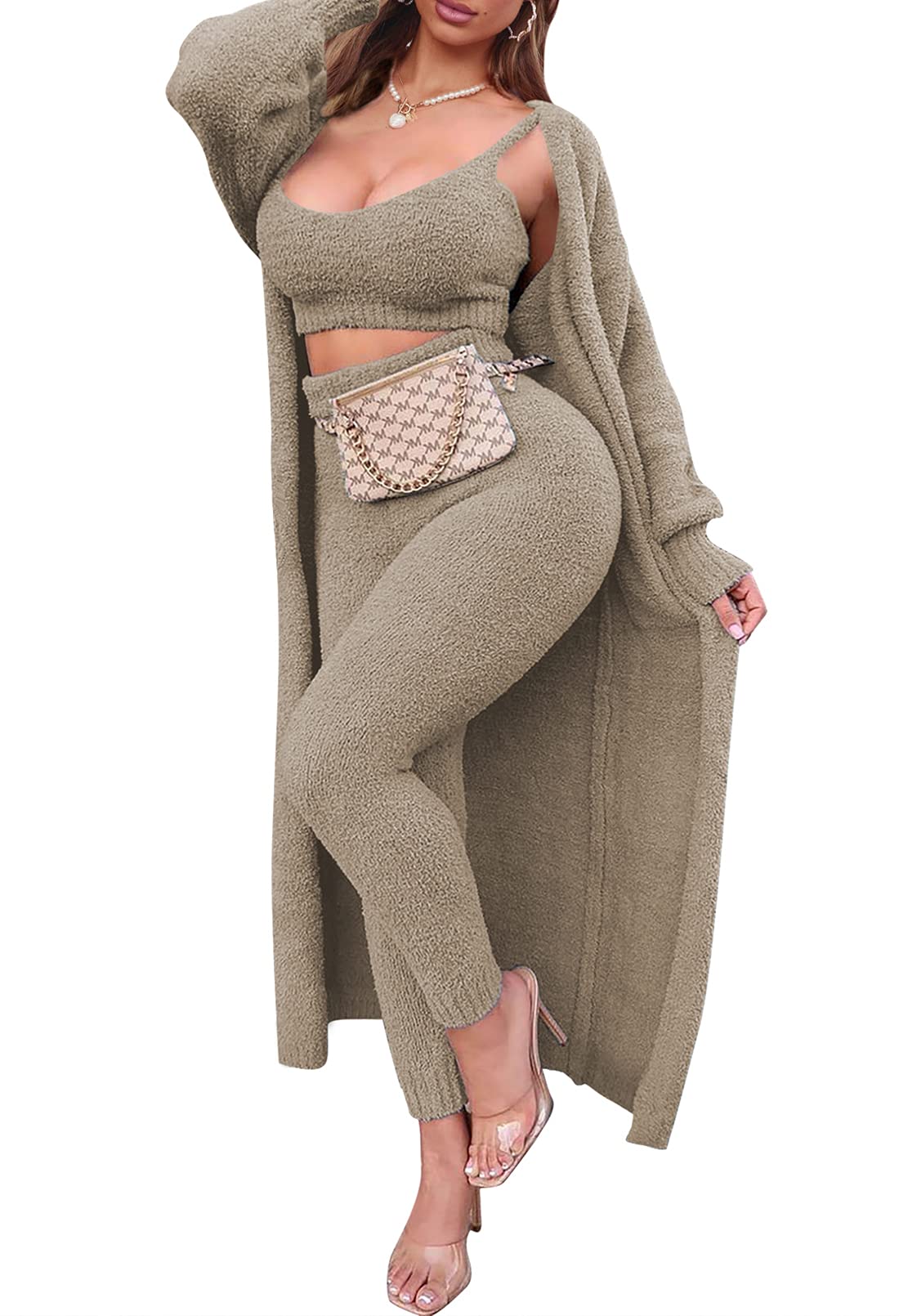 TOLENY Women's 3-Piece Fuzzy Lounge Set - Open Front Cardigan, Crop Tank Top & Wide Leg Pants | Cozy Loungewear for Home, Yoga & Casual Outings