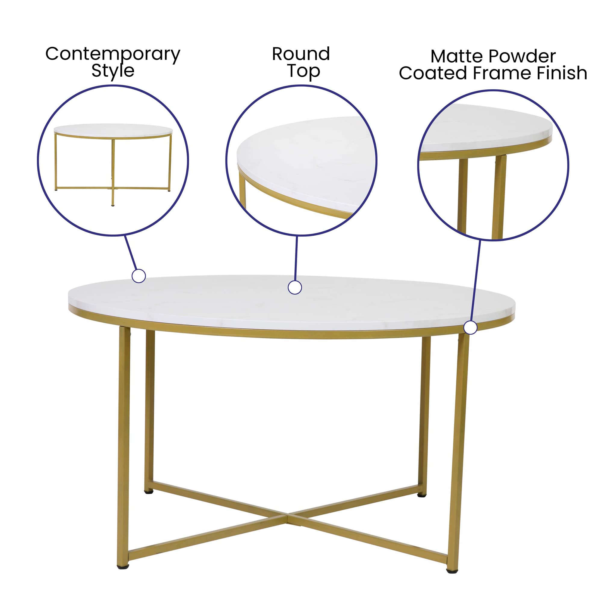 Flash Furniture Hampstead Collection 3-Piece Coffee & End Table Set - White Marbled Laminate Top with Matte Gold Crisscross Frame - Modern Living Room & Office Decor - Perfect for Coffee, Books & Display
