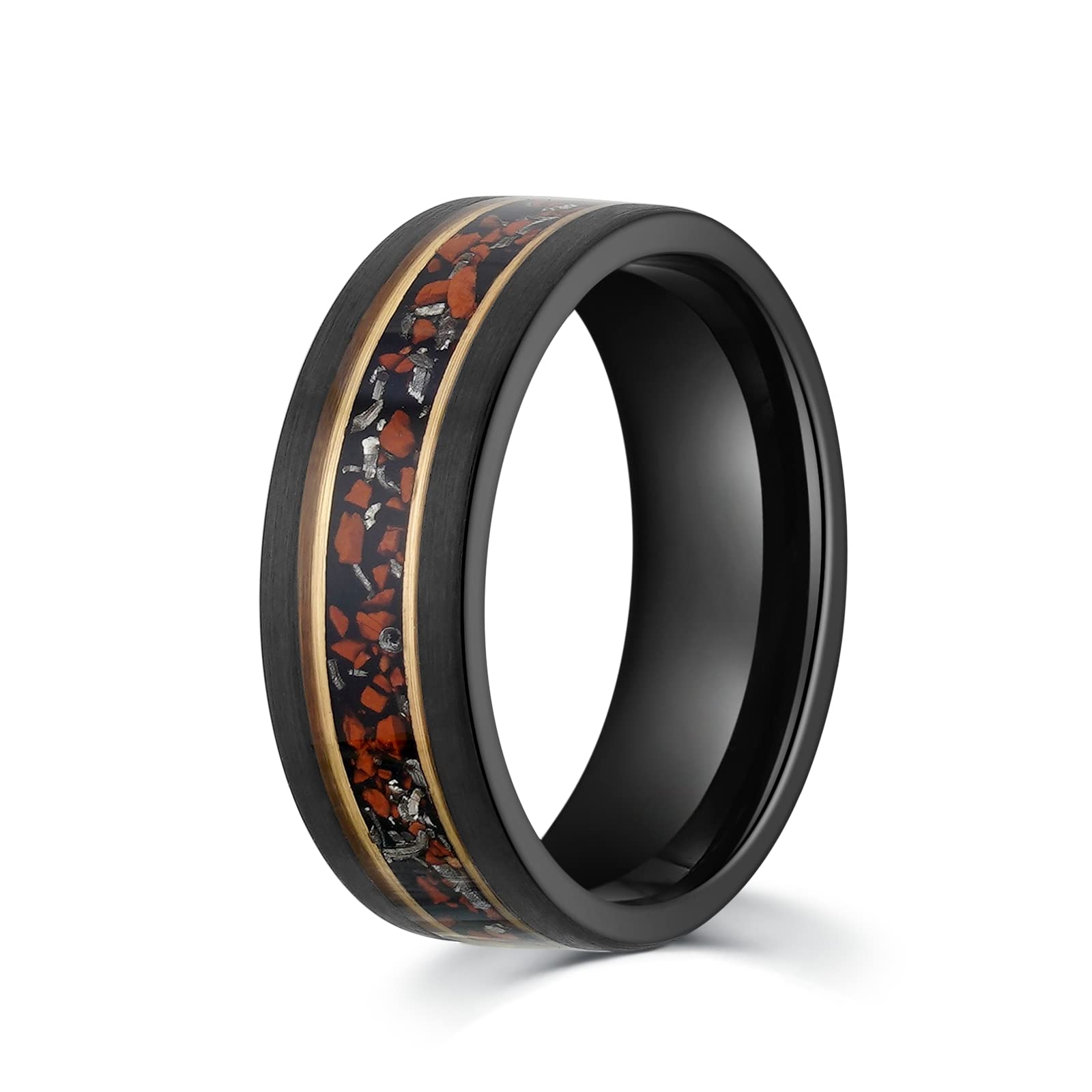 Dinosaur Bone & Meteorite Men's Wedding Ring - Brushed Black Tungsten with Rose Gold Inlay | 8mm Comfort Fit Band for Men | Unique Groomsmen Gift for Weddings & Anniversaries