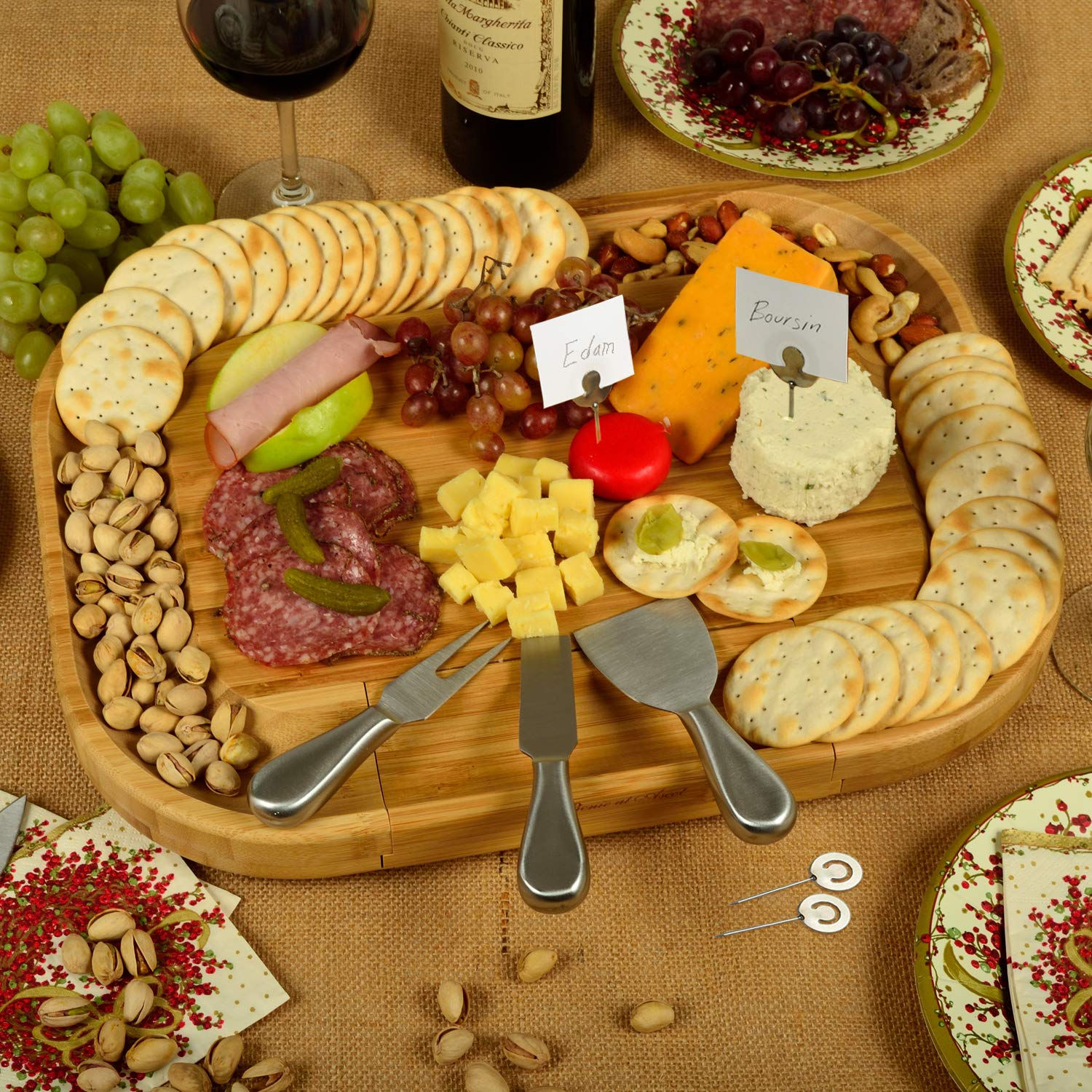 Custom Engraved Bamboo Cheese & Charcuterie Board Set with Knives & Cheese Markers | Personalized Wedding & Housewarming Gift | Handcrafted in USA | Perfect for Entertaining, Cheese Tasting & Charcuterie Displays