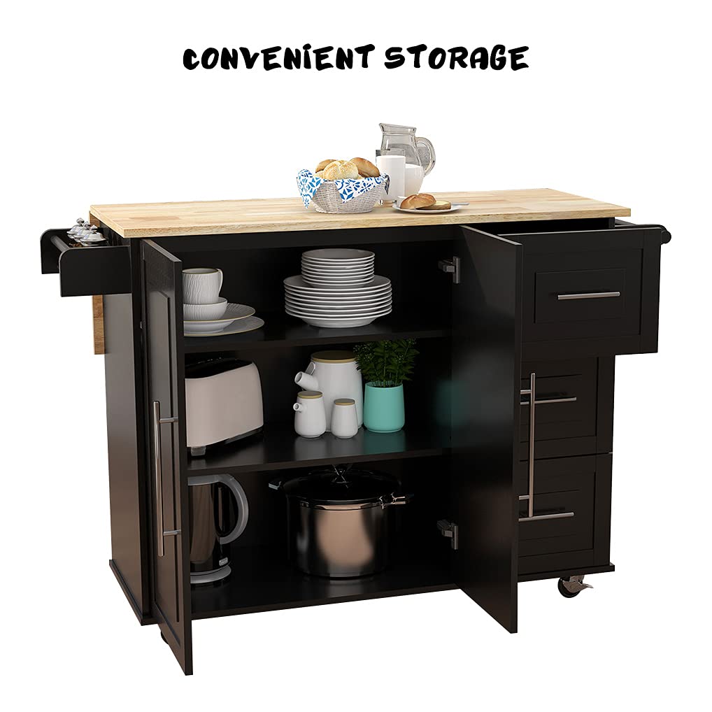 Expandable Kitchen Island with Drop-Leaf & Wheels - Solid Wood Folding Table Top, Large Storage Cabinets, 3 Drawers, Spice Rack & Towel Rack - Black | Perfect for Small Kitchens, Dining Areas & Extra Counter Space