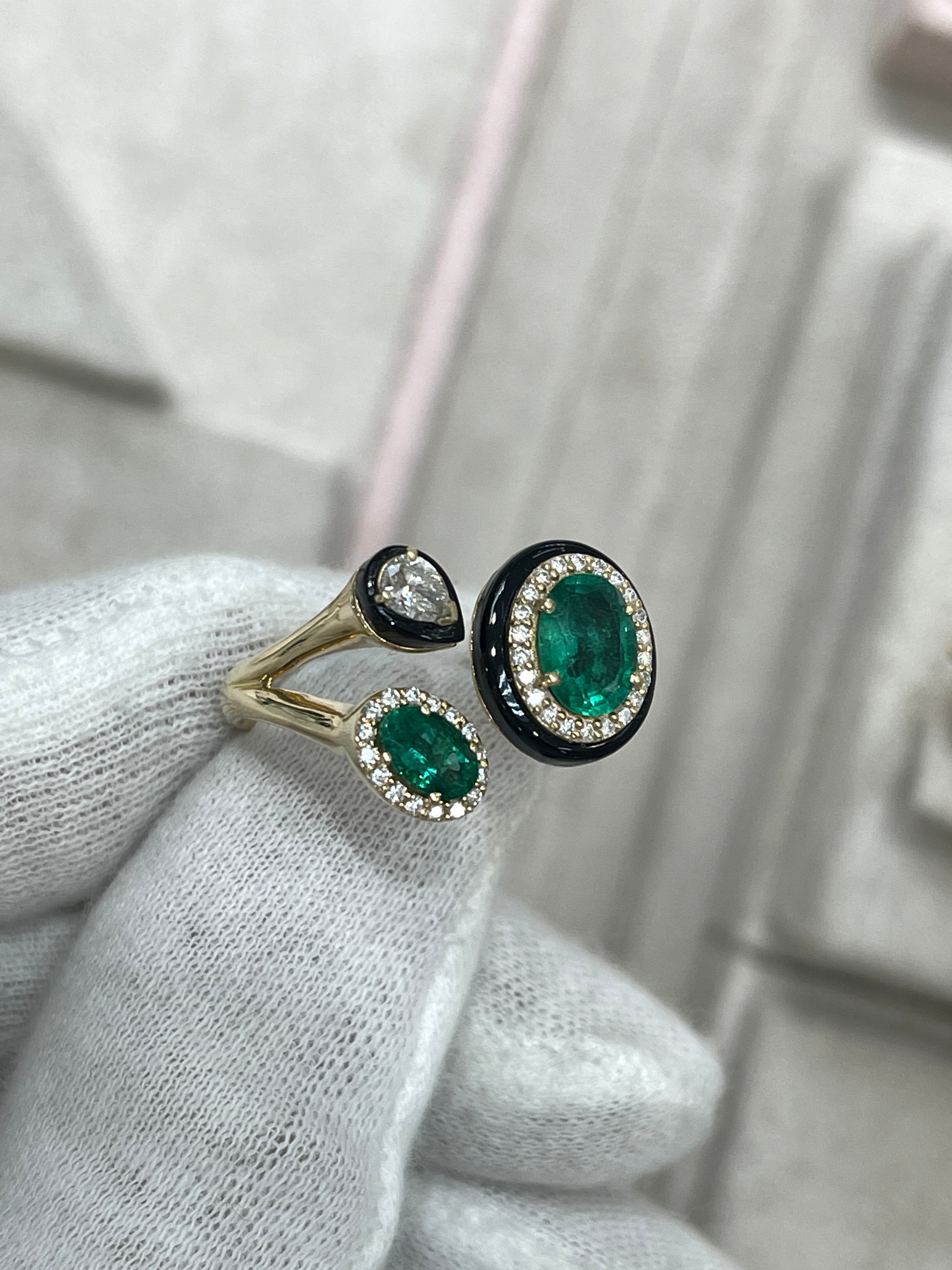 3.87tcw Oval Emerald Diamond Black Onyx Cluster Statement Ring in 14K Gold - Elegant Jewelry for Weddings, Parties & Special Occasions