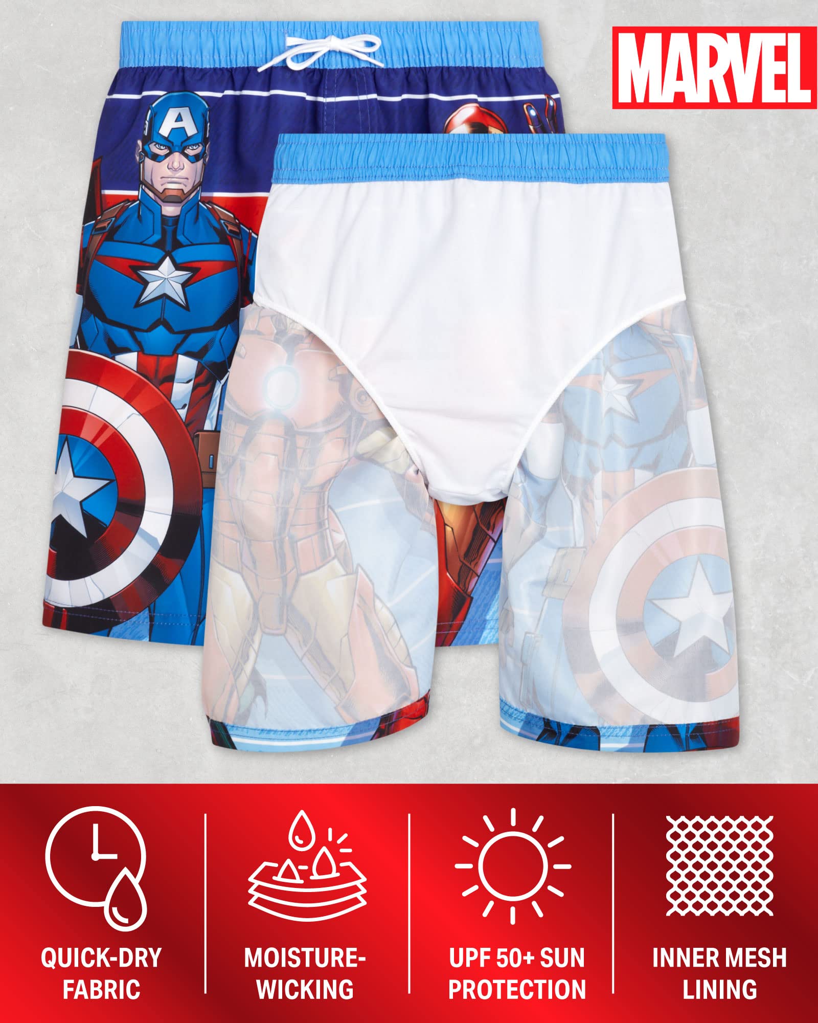 Marvel Avengers Boys' Swim Trunks - Spider-Man, Captain America, Hulk UPF 50+ Quick Dry Swim Shorts for Kids (2T-12) | Beach, Pool, Summer Water Activities