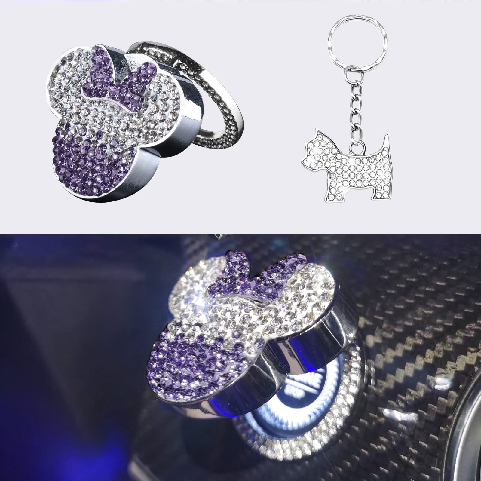 Sparkly Purple Crystal Car Push Start Button Cover - Bling Engine Start Stop Button Accessory for Women & Girls | Stylish Car Interior Decoration for Daily Driving & Gifts