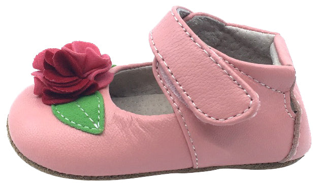 Livie & Luca Girls Rosa Light Pink Leather Mary Jane Shoes with Felt Flower Bud & Hook Loop Closure - Perfect for School, Parties & Special Occasions