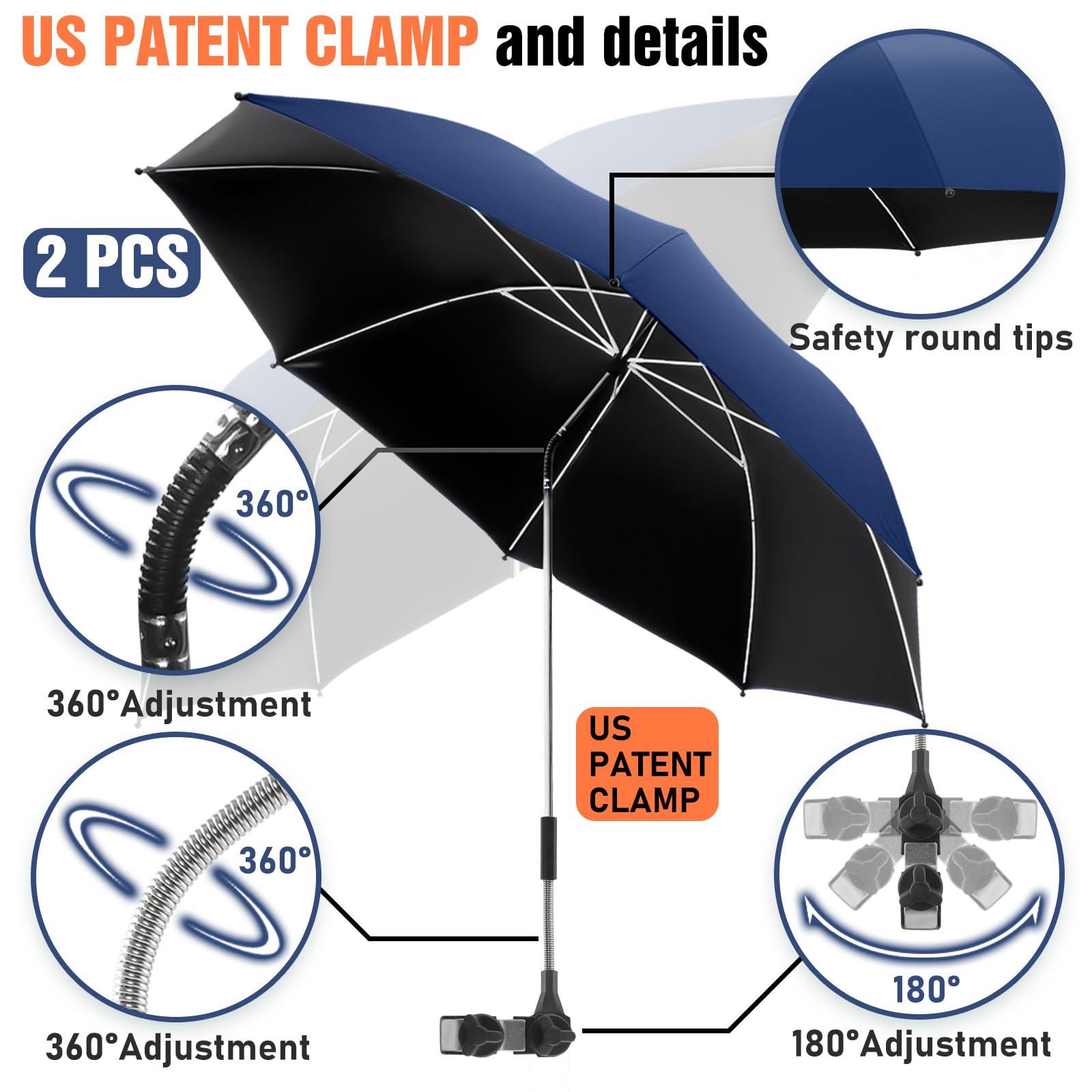 2 Pack Adjustable Chair Umbrella with Clamp - 360° Rotation UPF50+ Sun Shade for Beach, Patio, Wheelchair, Camping & Golf Carts (Perfect for Outdoor Relaxation, Picnics & Travel) - Chair Not Included